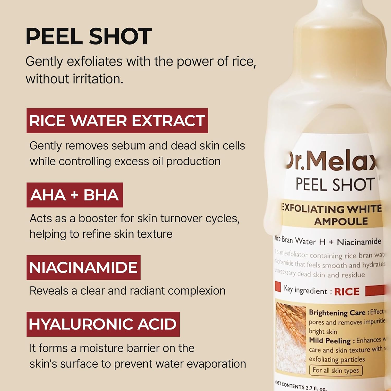 Dr.Melaxin Peel Shot Glow White Rice Peeling Ampoule, Soft Exfoliating Face and Body Scrub Dead Skin Cells Remover for All Skin Types Korean Skin Care 80Ml image number 3