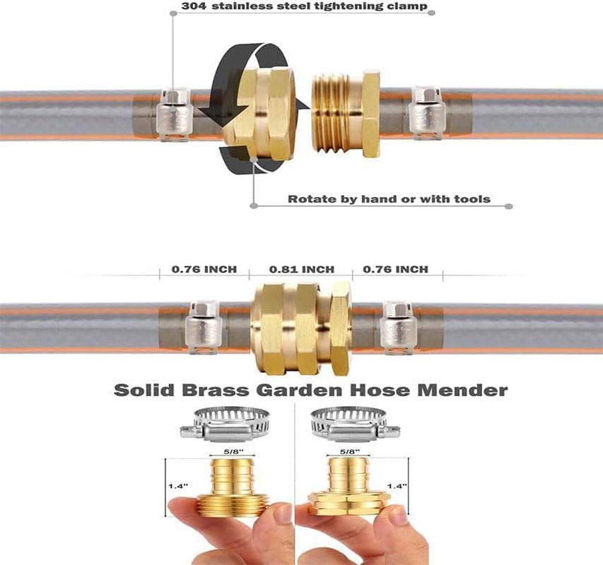 2 Set Solid Brass Female and Male Hose Connector Fit for 3/4" or 5/8" Garden Hose,Solid Brass Mender Female and Male Hose Connector with Clamps image number 4