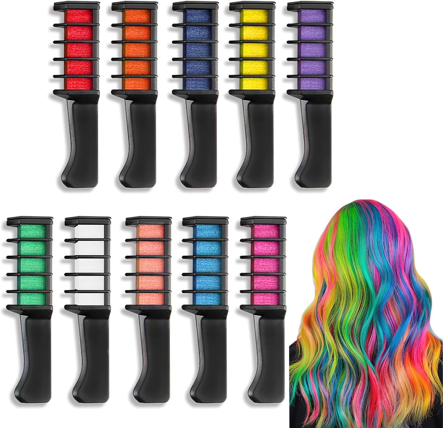 Hair Chalk Comb, Temporary Hair Colour Comb, Non-Toxic Hair Chalk for Girls, Hair Chalk, Glitter Tattoos Set for Carnival, Cosplay, Party, Christmas, Halloween, Pack of 10 image number 6