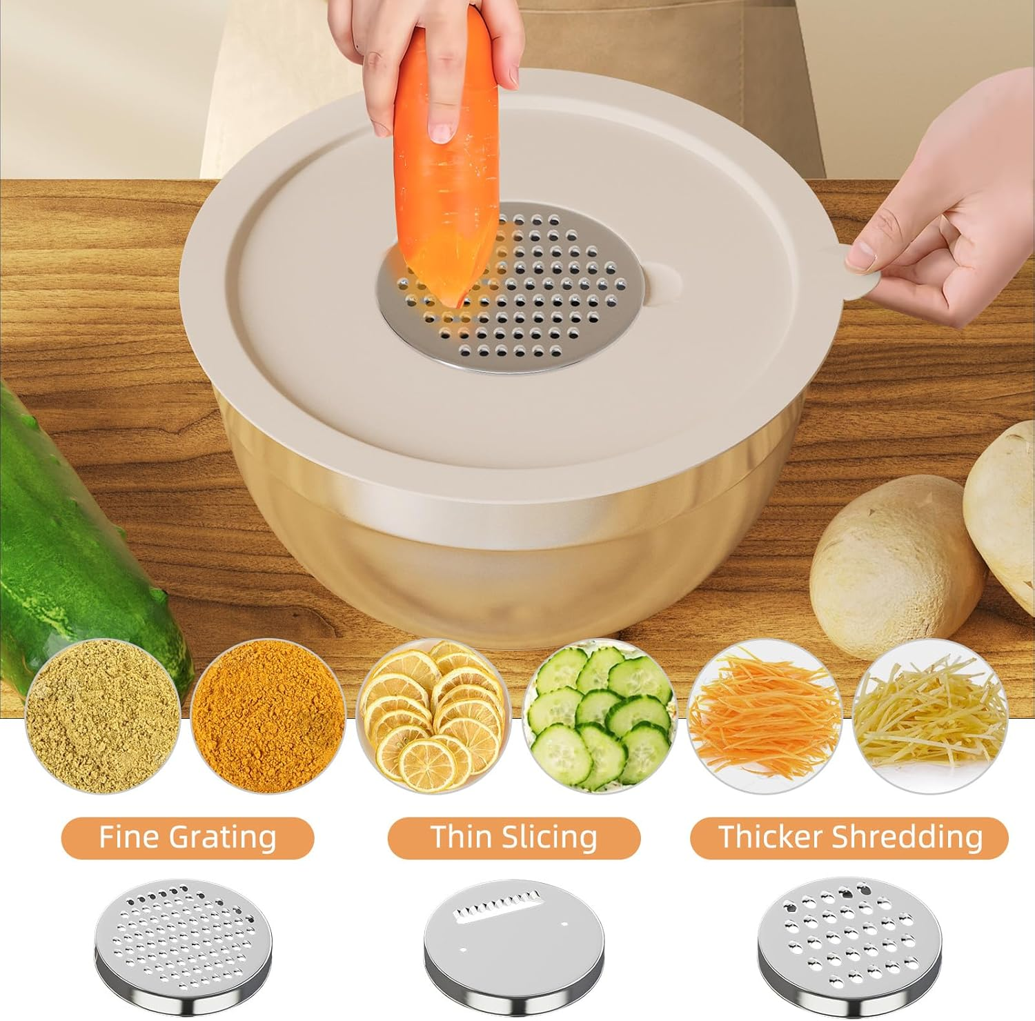 Fyrnova Mixing Bowls with Lids Set, 6 Piece Stainless Steel Nesting Storage Bowls for Kitchen, with 3 Grater Attachments & Non-Slip Bottoms, Size 5.5,3.5,2.5,2.1,1.5,1.1 QT image number 5