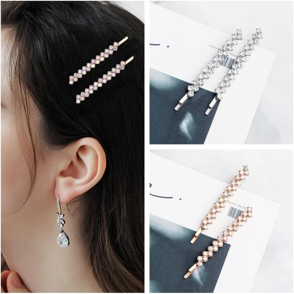 4 Pieces Rhinestone Bobby Pins Bling Crystal Metal Hair Clips Grips Slide Single Row Slim Diamante Rhinestone Bobby Pin for Brides Girls - Black / Gold image number 5