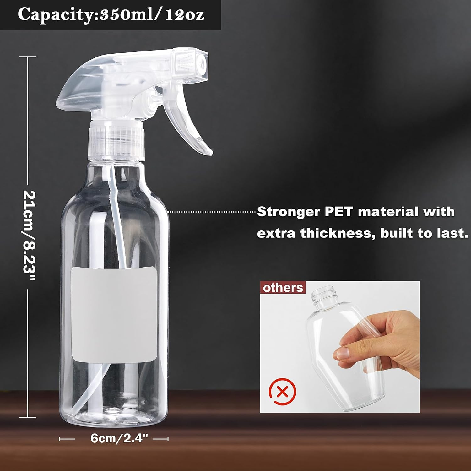 Hethyo Plastic Spray Bottles 12Oz 2 Pack Adjustable Mist/Stream Spraying Heavy Duty Square Water Spray Bottles for Hair, Cleaning Solutions, Plants，Essential Oils (Clear) - Clear image number 6