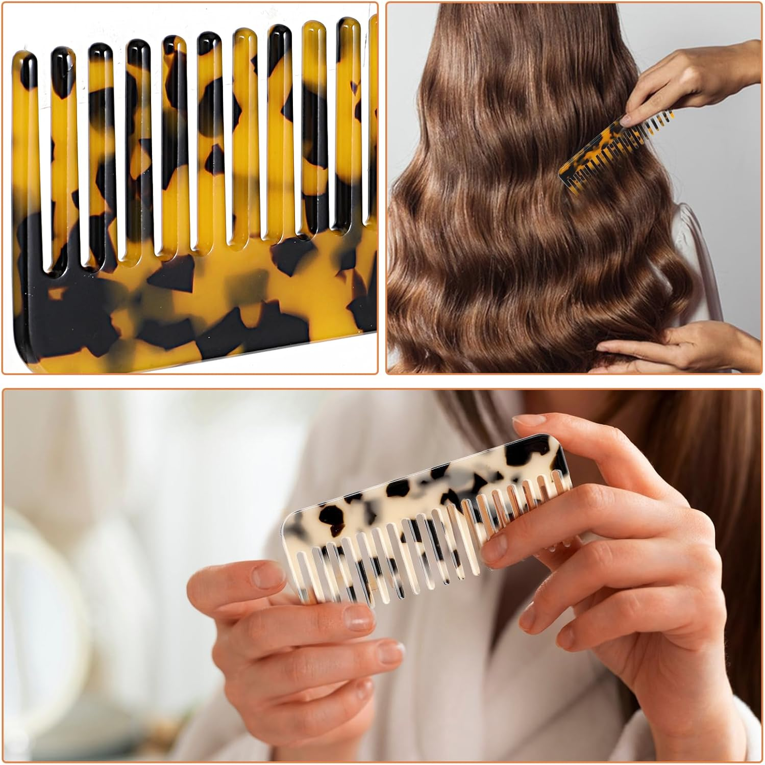 Xinjoduz 2 PCS Wide Tooth Comb, Large Cellulose Acetate French Hair Comb No Handle Beige Tortoise Shell Detangling Comb Leopard Print Design Shower Comb for Women Men Curly Wet Long Dry Hair Styling image number 3