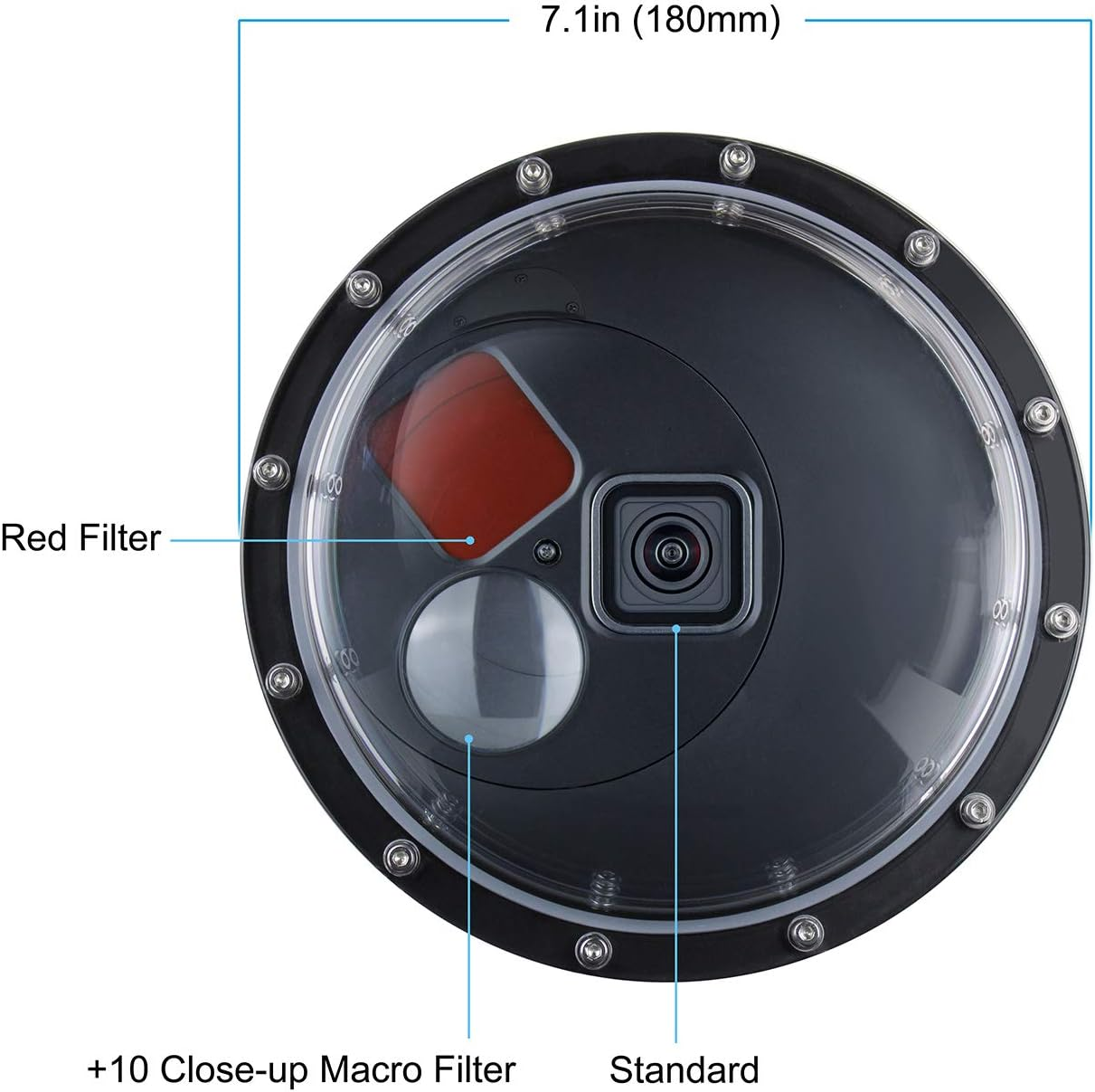 SOONSUN Dome Port for Gopro Hero 9 10 11 12 13 Black, Underwater Dome Lens with Waterproof Housing Case Built-In Switchable Red Filter, 10X Close-Up Macro Filter and Standard Mode image number 3
