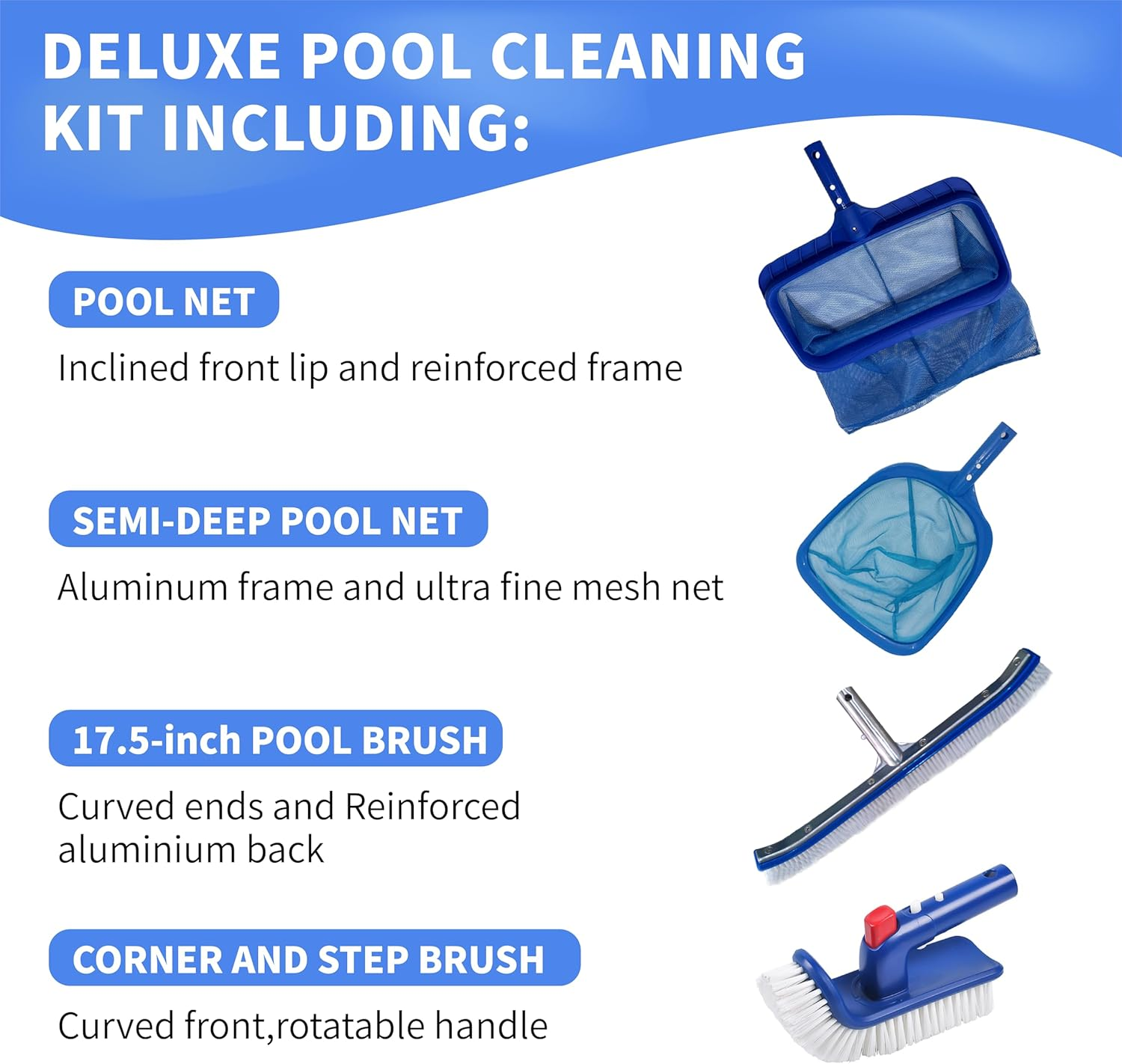 Deluxe Swimming Pool Cleaning Kit Including 2 Brush Heads, 2 Pool Skimmer Nets,155Cm Pole image number 1
