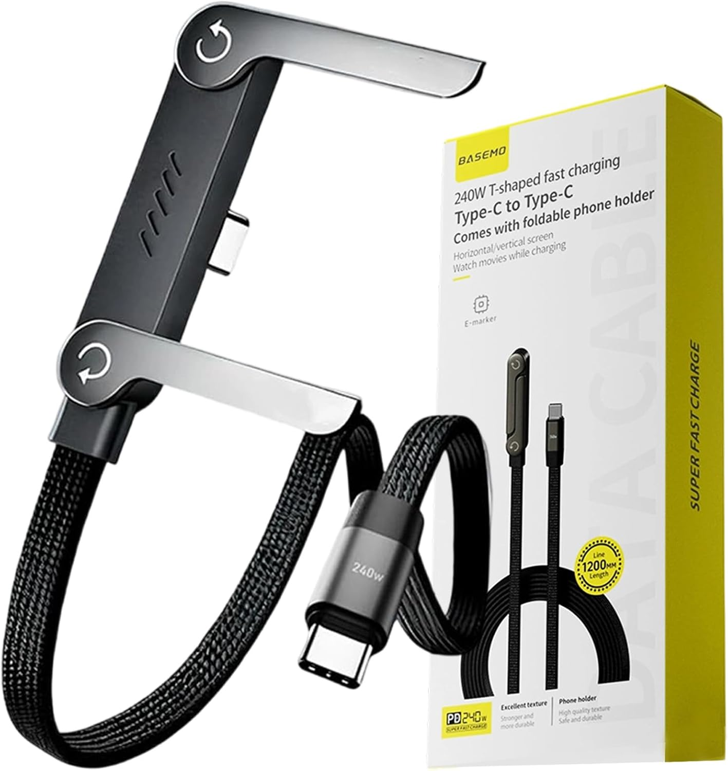 Sideways Phone Charger,2-In-1 Invisible Holder Charger Cable,240W Braided Fast Charge with Built-In Phone Stand, 4.9FT/240W Fast Charging, 360&deg; Rotation, for Smartphones, Tablets (USB to Type-C)