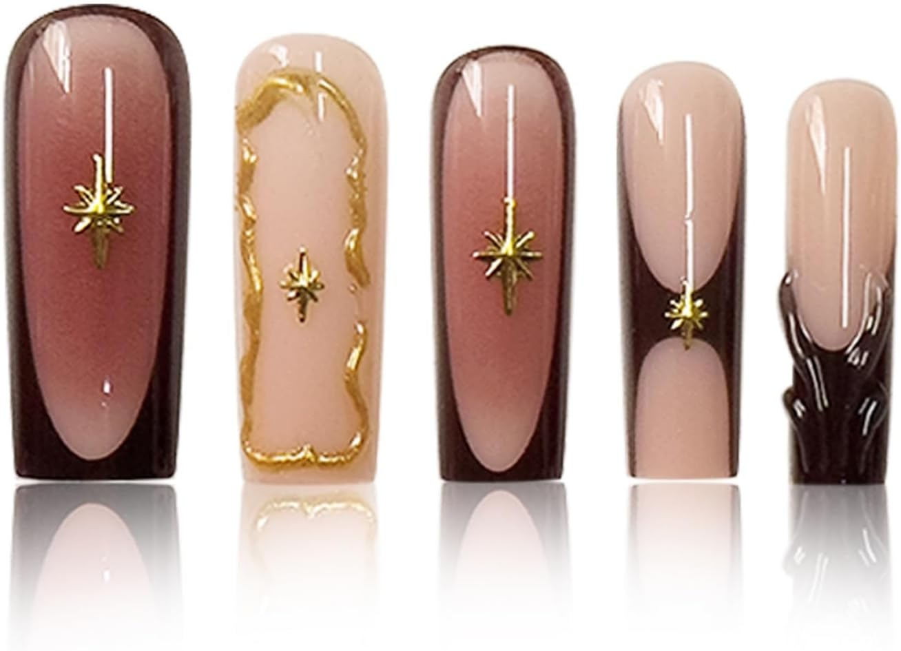 SEENEEY Brown Square Long Fake Nails French Style Extra Long with Gold Charm Designs Acrylic Nails Xl 24PCS image number 4