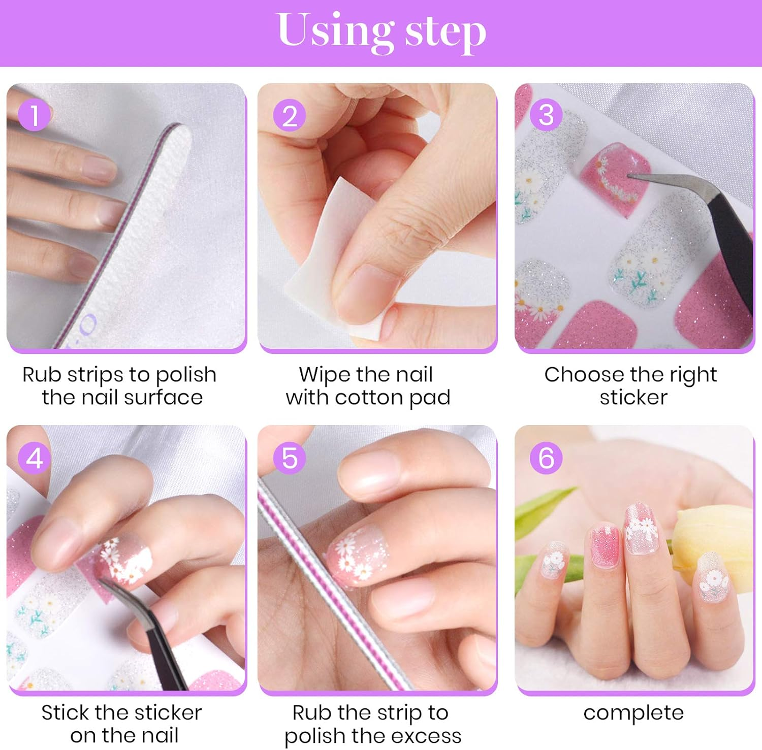 22 Sheets Full Wraps Nail Polish Stickers with Nail File, EBANKU Pure Color Shine Flower Self-Adhesive Nail Art Decals Strips Manicure Kits Nail Art Designs for Women Girls image number 2