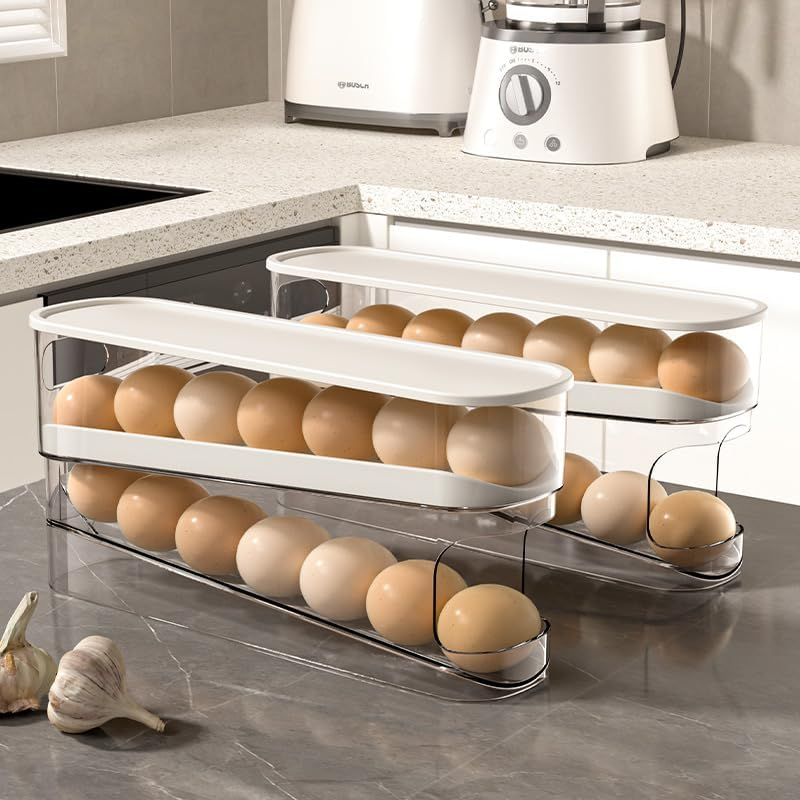 Egg Holder for Fridge, Automatic Rolling Egg Container for Refrigerator, Stackable Fridge Organizers and Storage with Lid, Clear Plastic Egg Dispenser & Tray image number 6