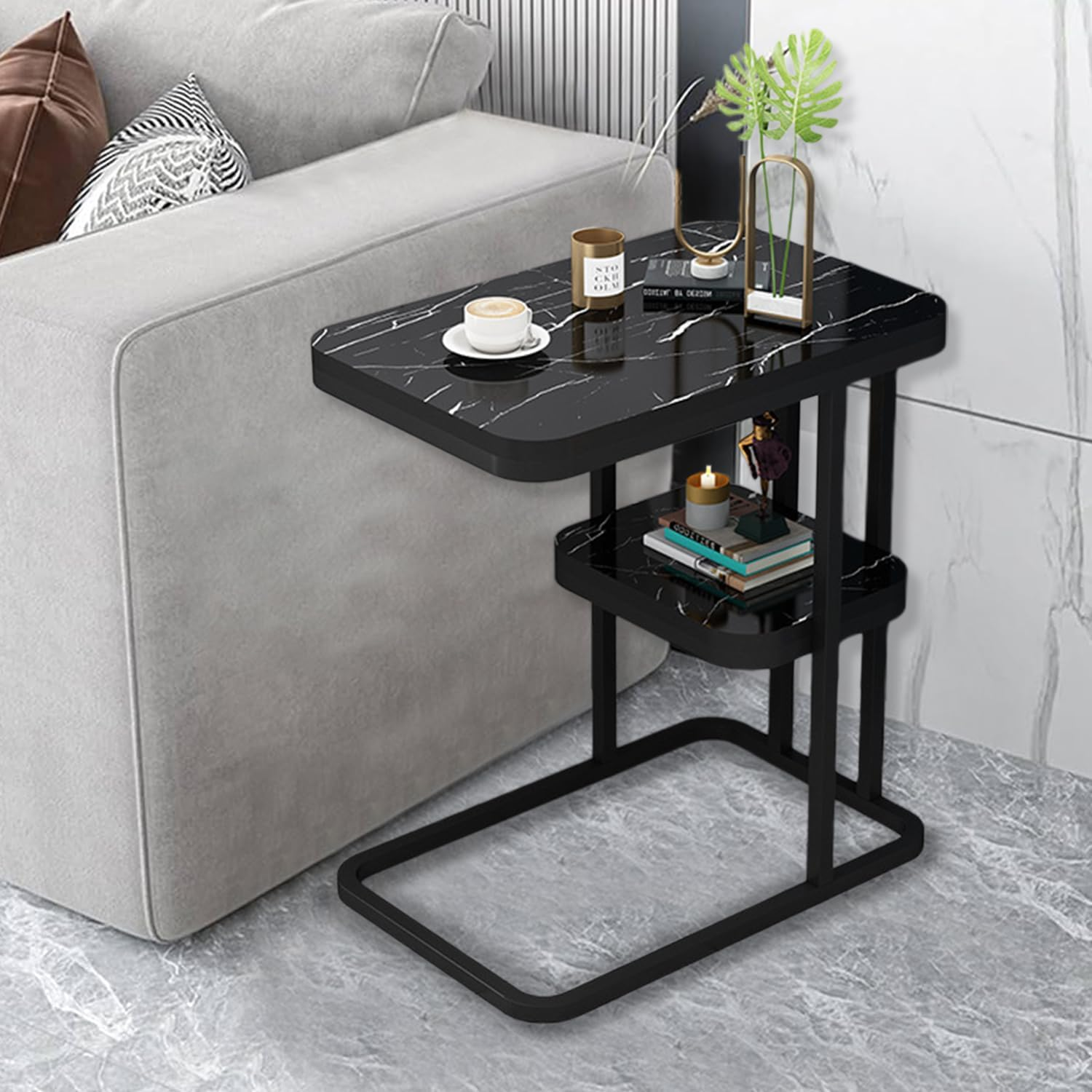 Square Side Table,2-Tier Sturdy C Shaped End with Storage Narrow Side Table for Living Room Bedroom with Metal Frame,Bedside Table Sofa Couch Table for Space Bedroom Metal Nightstand Sofa (Black)