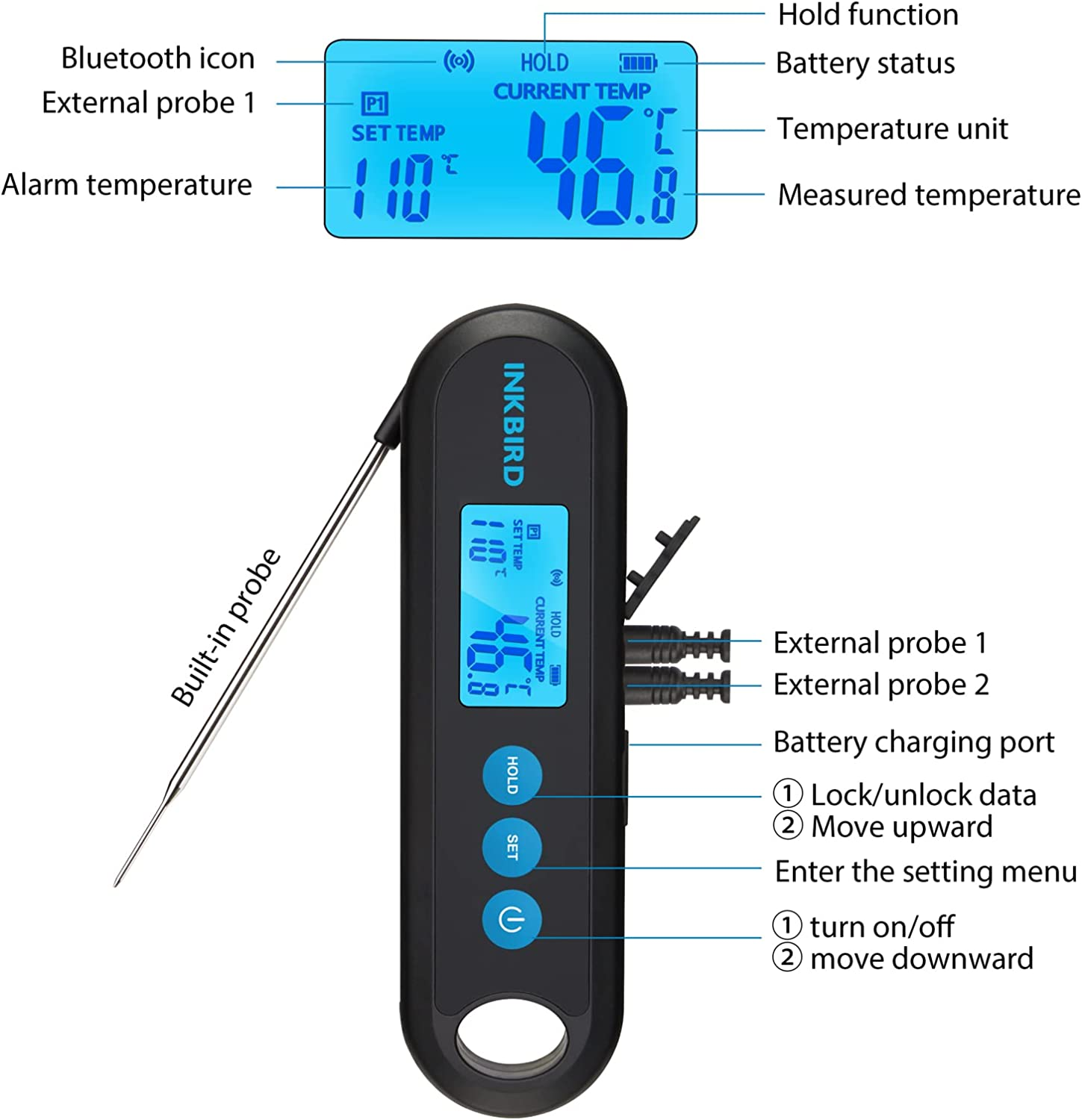 Inkbird Bluetooth Digital Meat Thermometer with External Probes Backlight Display 2 Sec Instant Readout Support Temperature Alarms and Timers Rechargeableinstant Read Cooking Thermometer for Grilling BBQ Poultry Outdoor Barbecue Kitchen (IHT-2PB + 2 Probes) image number 5