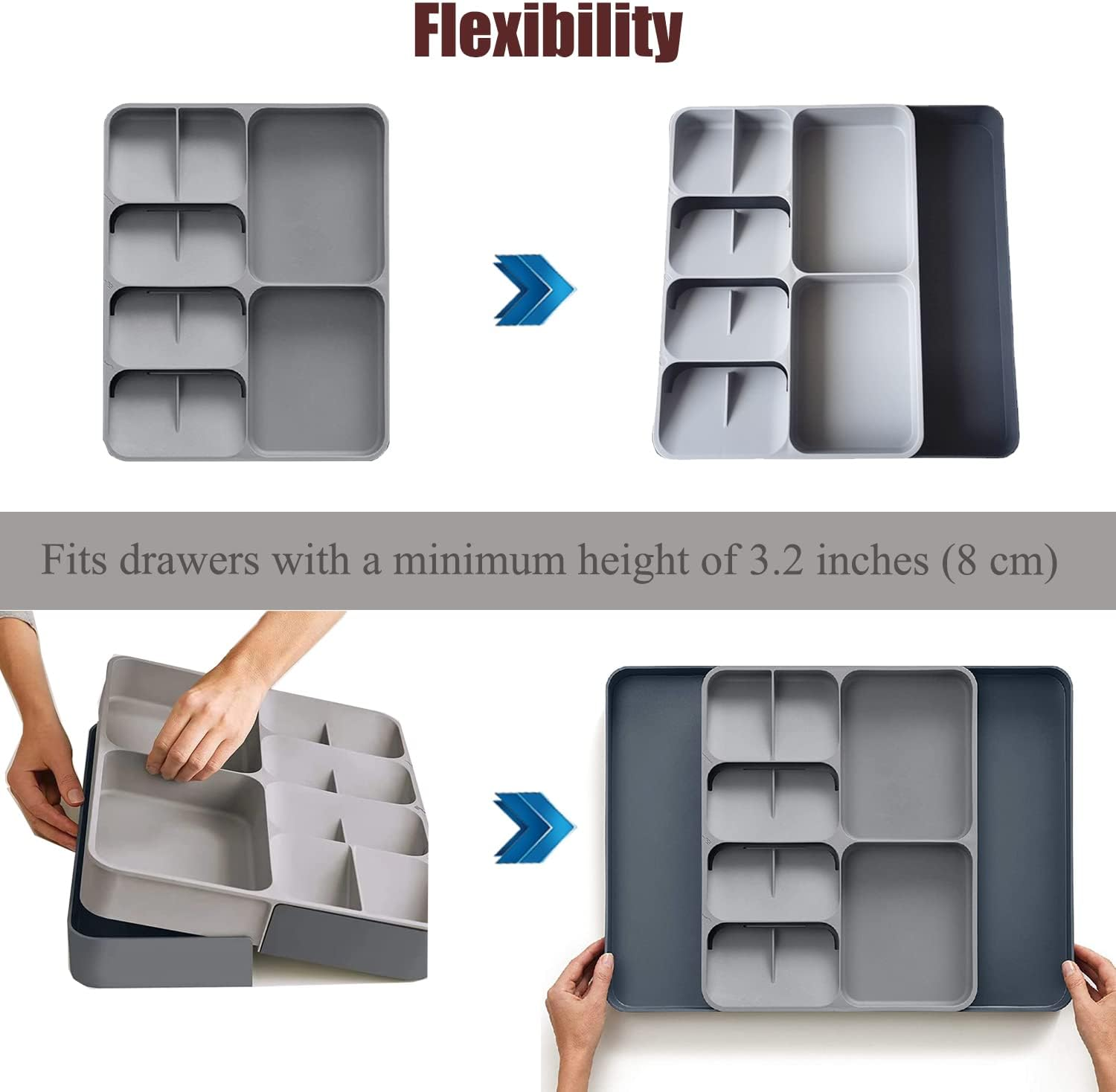 FOREVERIE Extendable Cutlery Drawer Organiser & Utensil Tray &ndash; Adjustable Width (28-53Cm), 39Cm Organizer Depth (Fits 40Cm+ Drawers), 5.5Cm Low Profile, Knife, Fork & Spoon Storage, Space Saving Grey image number 6
