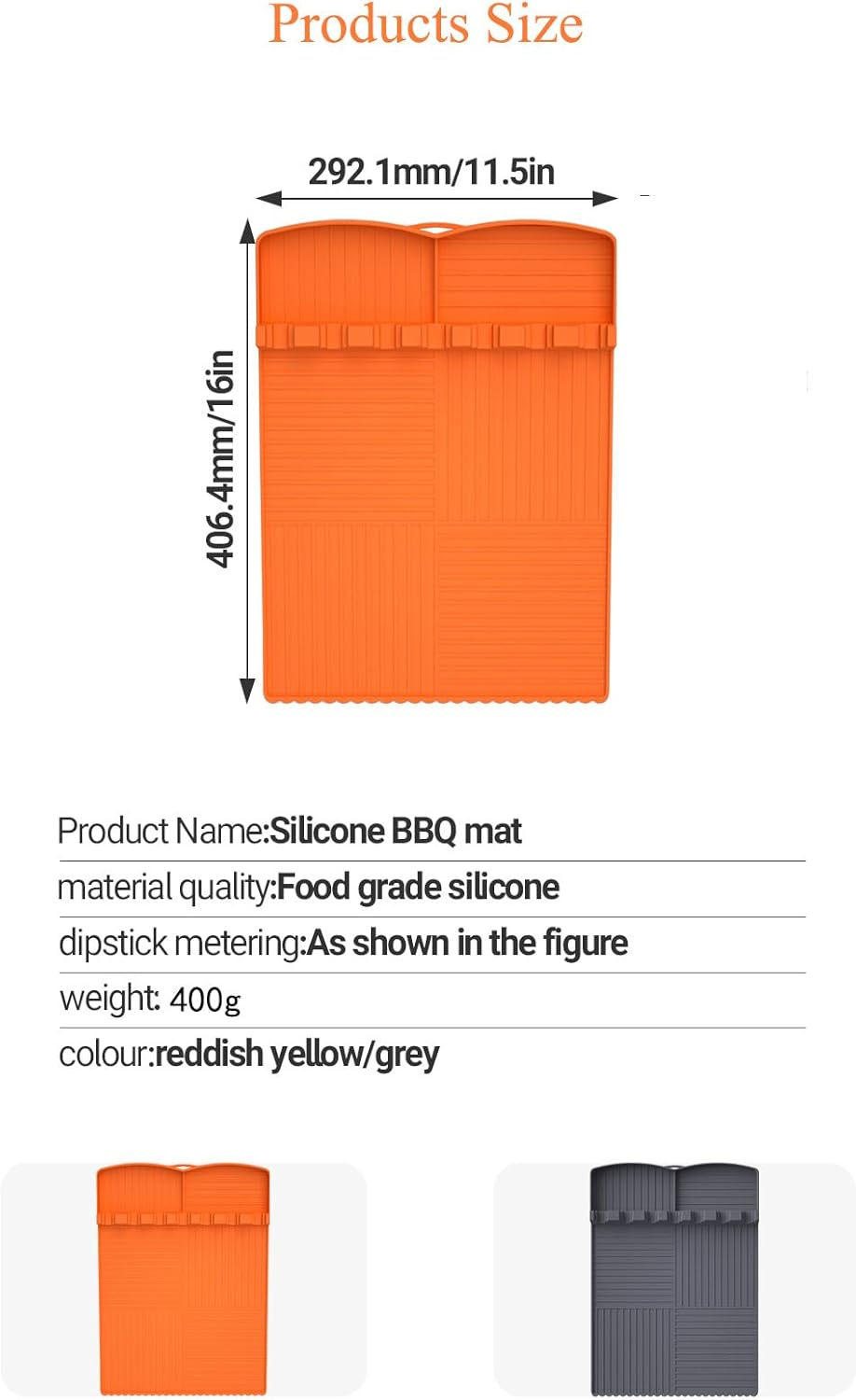 SOVYOULIVE 2PC Silicone Grill Mat Compatible for Blackstone, Silicone Griddle Tools Mat with Drip Pad, Spatula for Outdoor Grill Kitchen Cookiing Countertop (Orange, Gray) image number 5