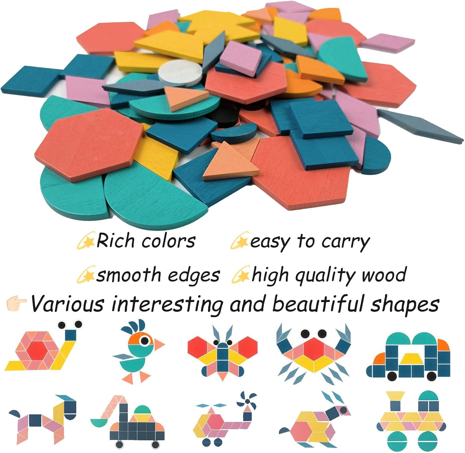 Wooden Pattern Blocks with Cards,180Pcs Tangram Shape Puzzle Set for Kids,Stem Educational Toys for Ages 4-8 image number 6