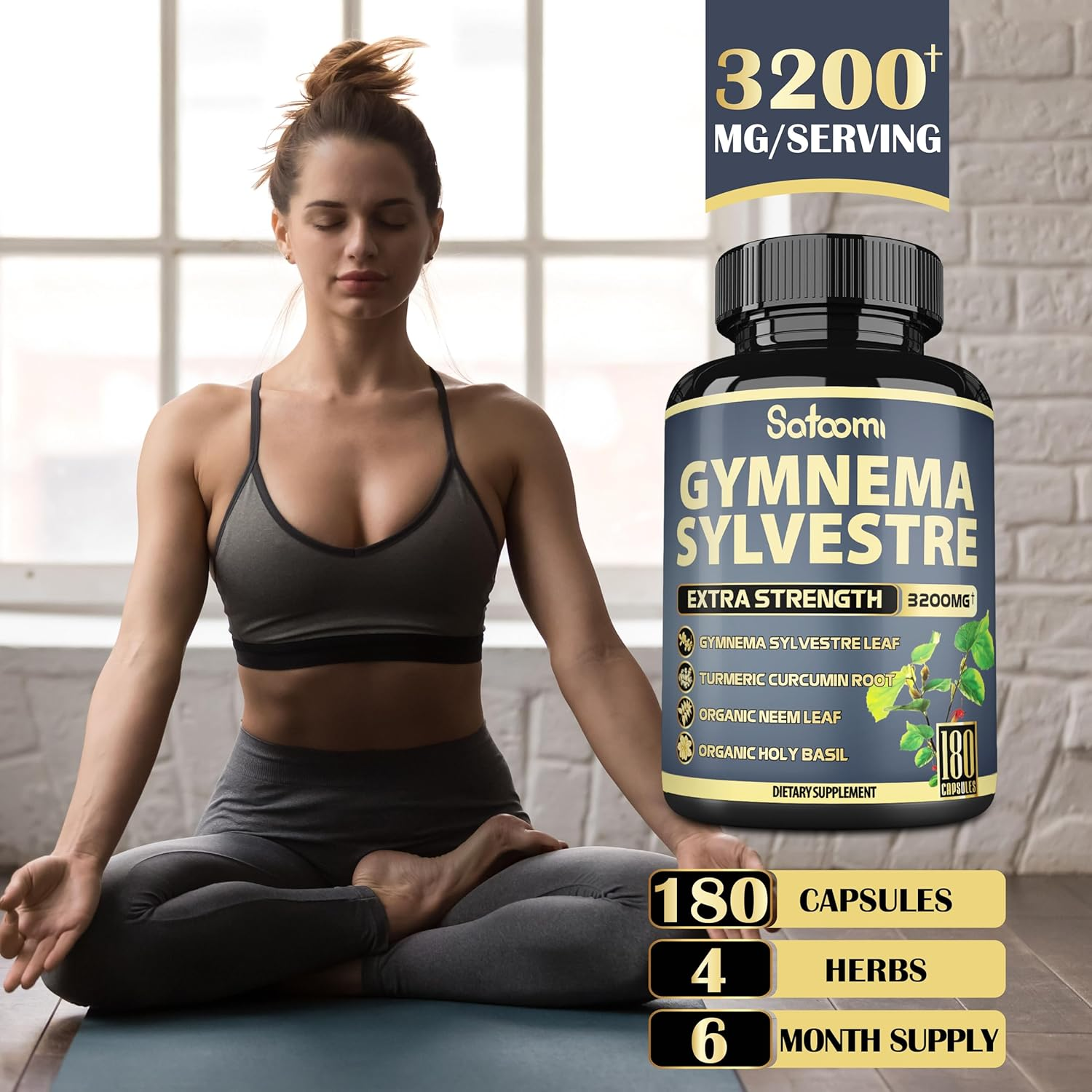 SATOOMI Gymnema Sylvestre Extract Capsules -    - 4 Herbs - Blended with Turmeric Curcumin & Neem Leaf, Holy Basil - 1 Pack 180 Vegan Capsules image number 4