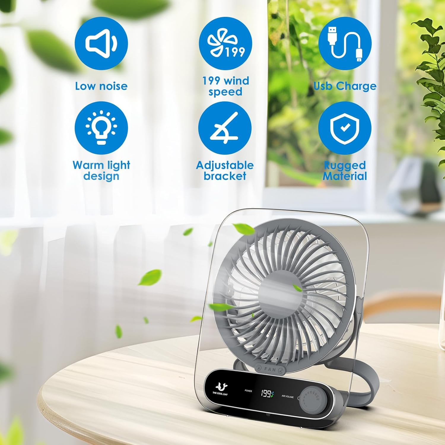 Simpeak Desk Fan Usb Rechargeable Fan, 199 Speed Portable Travel Fan, Operated 3-10 Hours, Silent Personal Small Table Fans for Bedroom Office Summer Outdoor (Grey) - Grey image number 4