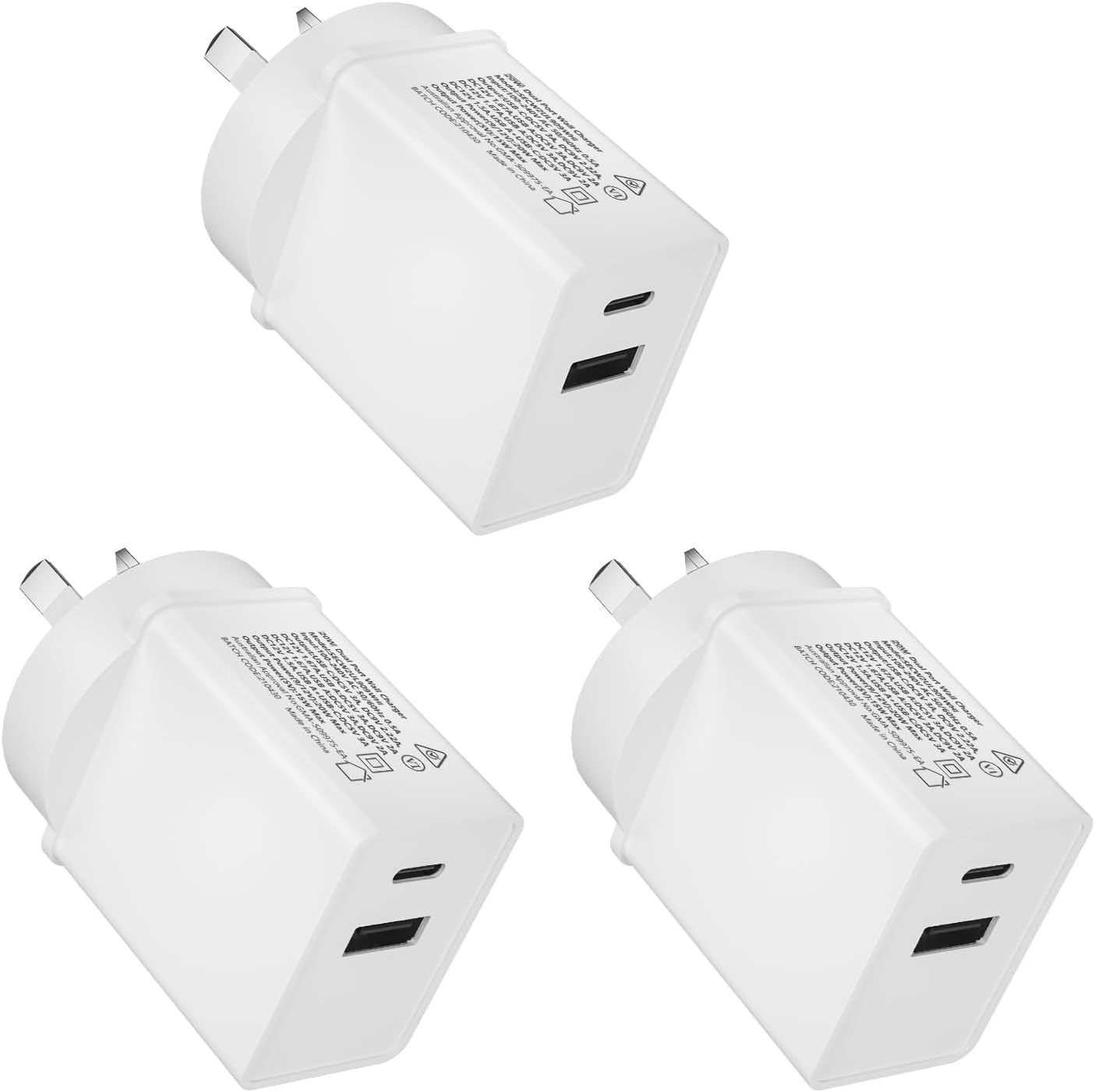 20W USB C Fast Charger, [3-Pack] 2-Port PD Wall Plug with Fast Charging QC3.0, Type-C Power Adapter C Wall Charger Au-Plug Compatible with Iphone 15/14/13/12/11, Ipad, Samsung,Galaxy,Pixel (3) image number 3
