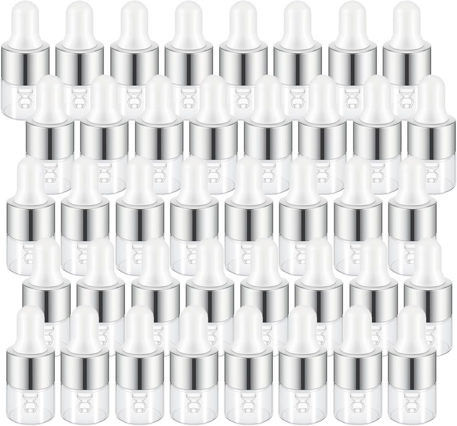 Easeen Sample Dropper Bottles, Mini Dropper Bottles with 2 Pcs Plastic Droppers for Traveling Essential Oils DIY Cosmetic Liquid Sample Perfume, Silver, 5ML-50PCS image number 6
