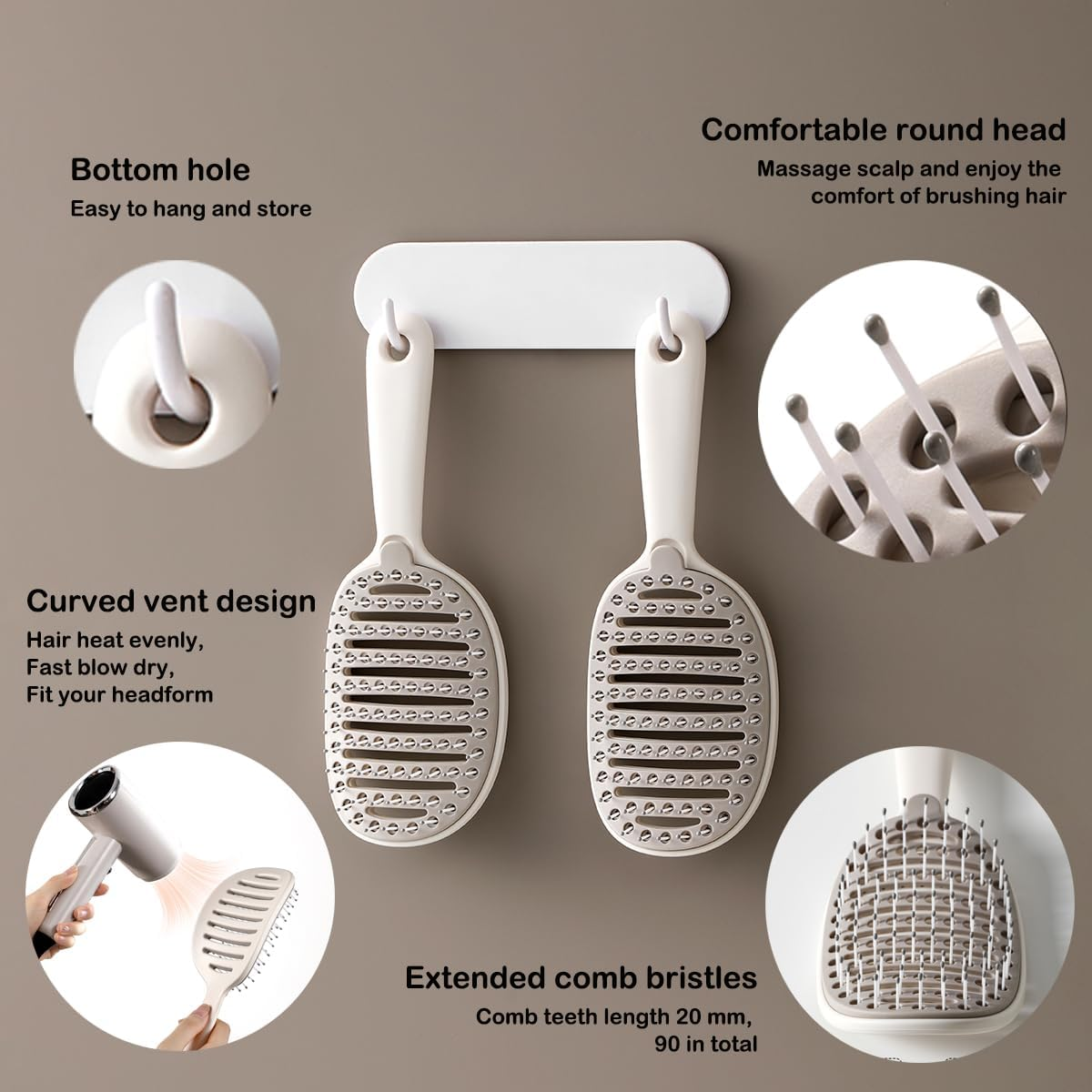 Self Cleaning Hair Brush, Easy Clean Detangling Brush, Curved Vented Detangler Brush for Faster Blow Drying for Women Men Kids, Wet & Dry Hair (White) - Purple image number 4