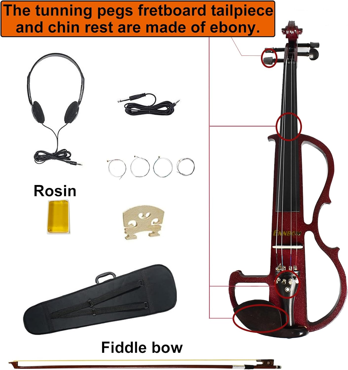ENNBOM Beginner 4/4 Electric Violin Ebony Silent Violin Electric Violin Introductory Set (Wine Red)