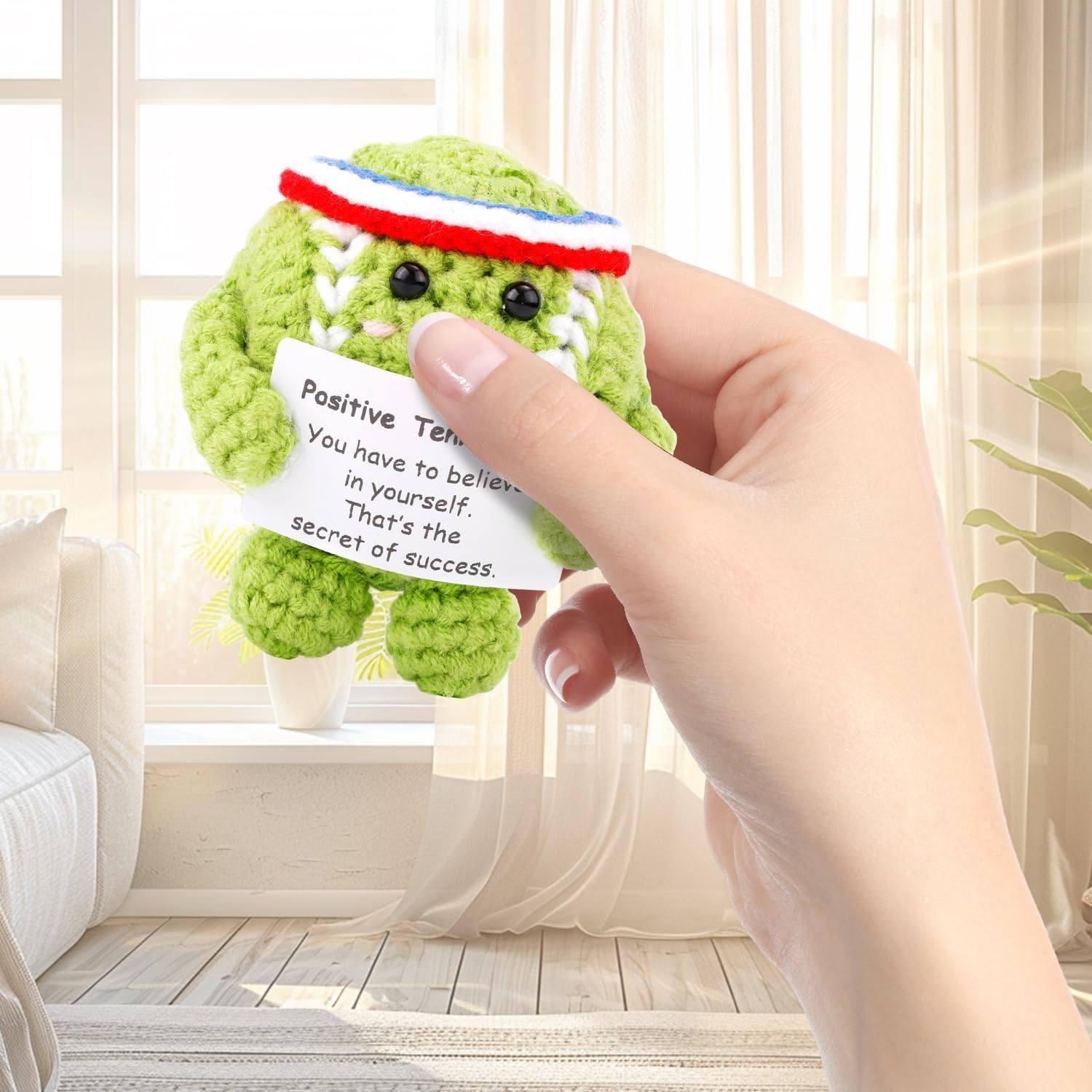 Positive Tennis Ball, Cute Funny Crochet Inspirational Tennis Ball Positive Knitted Animal Doll Crochet Toy with Positive Card for Sports Lover Friends Party Decorations image number 3