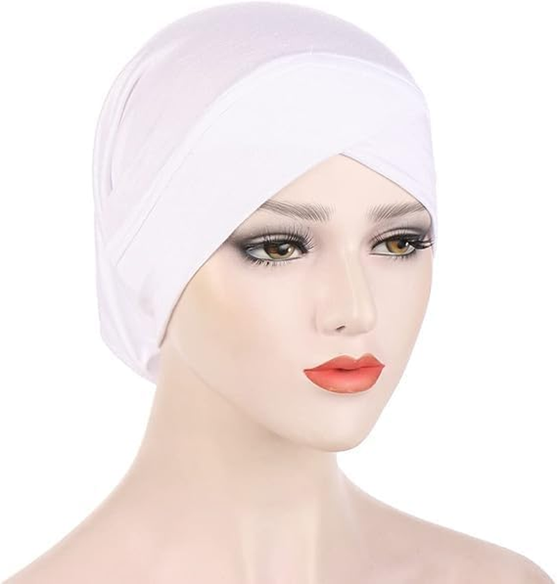 3Pcs Women under Scarf Hijab Cap Solid Color Cross Turban Inner Hat Soft Stretch Jersey Bonnet Tube Cap image number 4