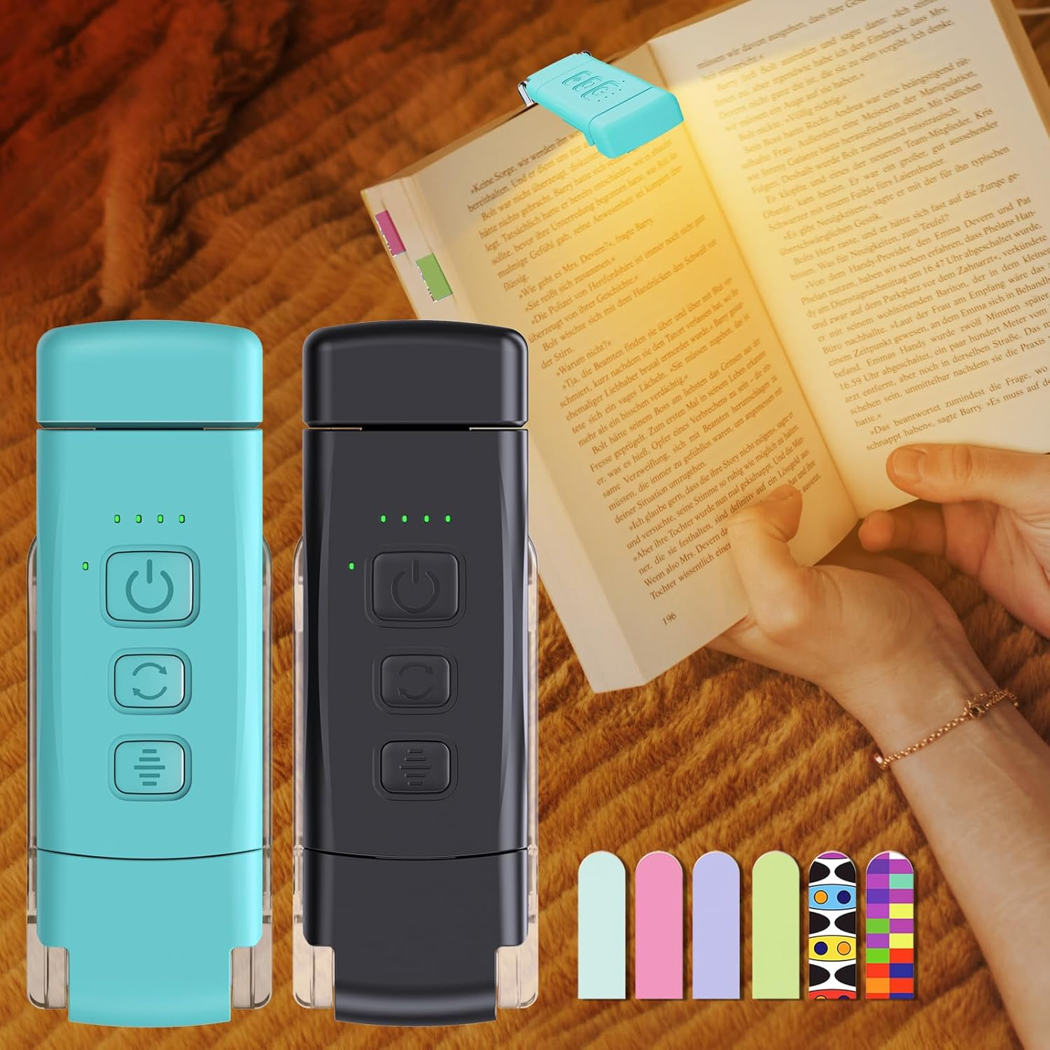 LUOLED 2-Pack Reading Light with 6 Bookmark, Rechargeable, Portable, Clamp Base, 30/60 Minutes Timer, 3 Color Modes & 5 Brightness Adjustments, Eye Care, Blue, Plastic