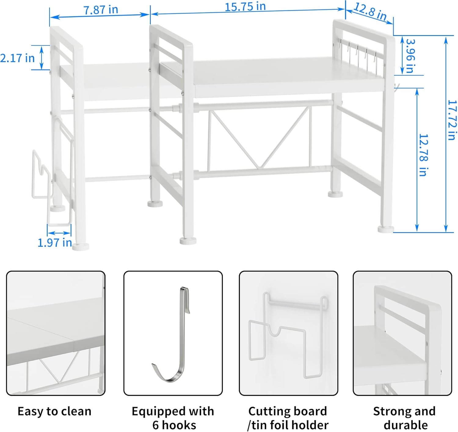 YIUKEA Extendable Microwave Oven Rack - Adjustable Kitchen Counter Shelf, 2 Tier Microwave Stand (L15.7~23.6" Xw12.8 Xh17.7) with 6 Hooks for Kitchen Countertop Organizer (White) - Black With Spice Rack image number 2