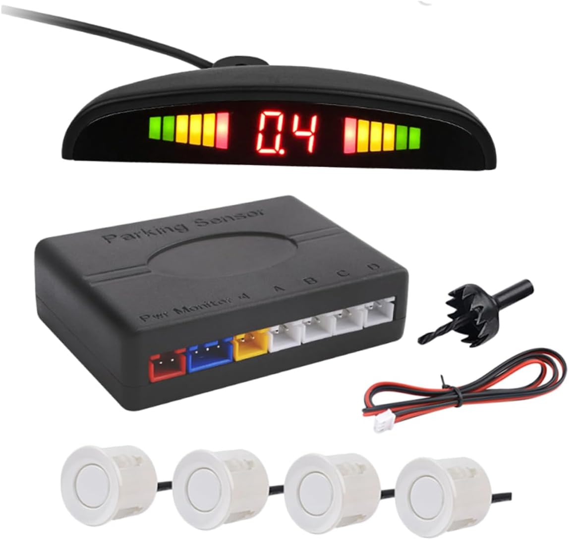 Mobestech Car Parking Warning System with 4 Probe Reversing Radar Sensors, Silver Led Backup Sensor Kit for Rear Parking Safety and Distance Alert