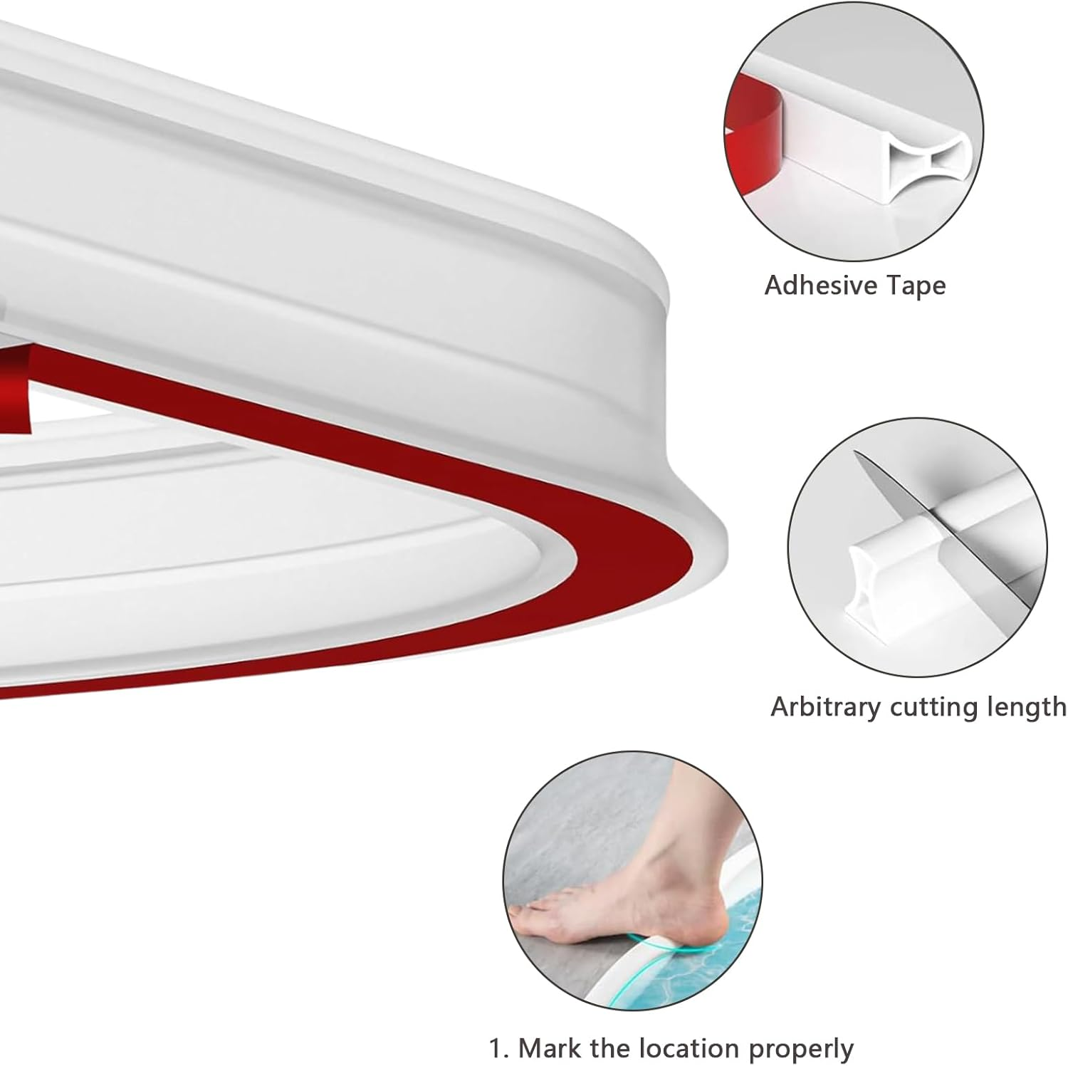 Wet Room Floor Barrier, 2M Rubber Shower Tray Sealing Strip, Self-Adhesive Shower Splash Guard, Shower Threshold Water Barrier, Flexible Shower Screen Seal Strip for Bathroom Floor Sink Bathtub, White