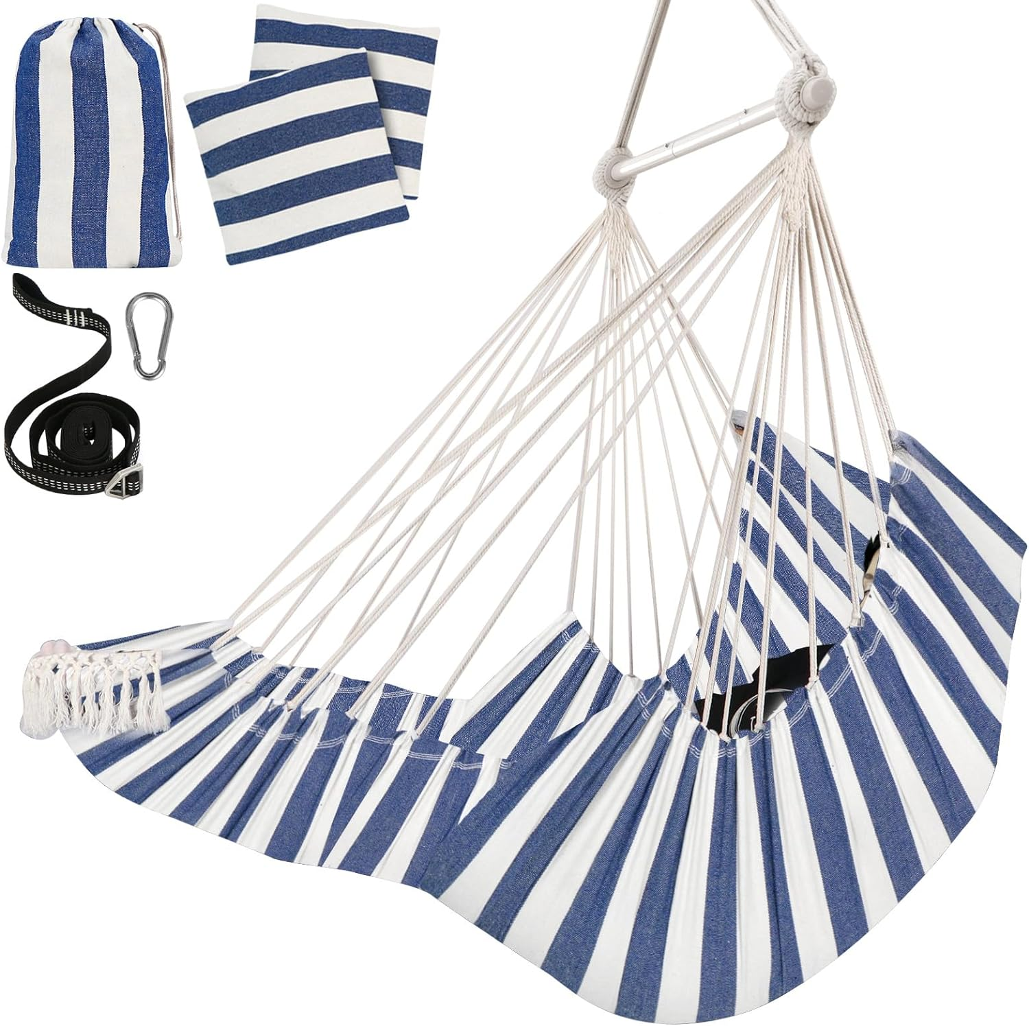 Chihee Hammock Chair Hanging Chair with Foot Rest 2 Cushions Max 500Lbs Robust Metal Spreader Bar Collapsible Easy Storage Soft Cotton Swing Chair Strong Strap Iron Carabiner Side Pocket Included