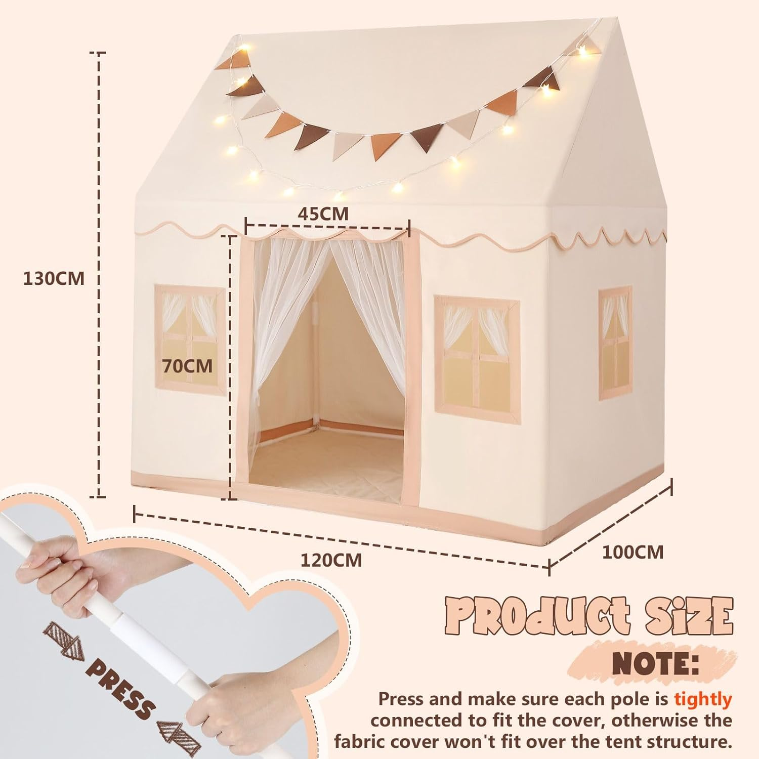 KIDBOT Kids Play Tent, Large Playhouse for Kids, with 3 Breathable Windows, Star Lights & Flag Banner Included, Toddler Tent for Boys & Girls, Beige - Model1-Beige image number 6