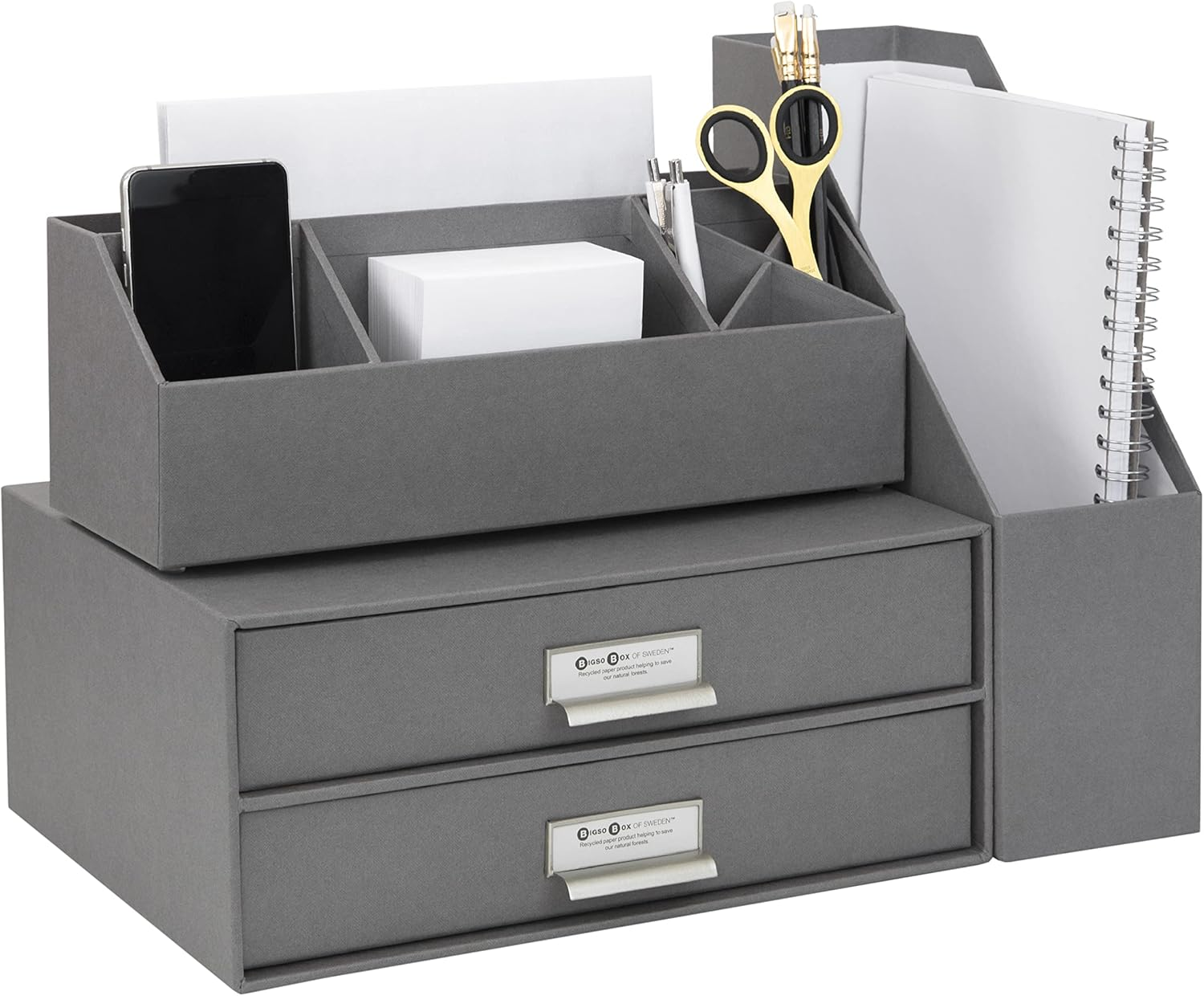 BIGSO BOX of SWEDEN ELISA Desk Organiser with 4 Compartments - Organiser System for Notes, Paper Clips, Pens Etc. - Fibreboard and Paper in Linen Look - Grey image number 5
