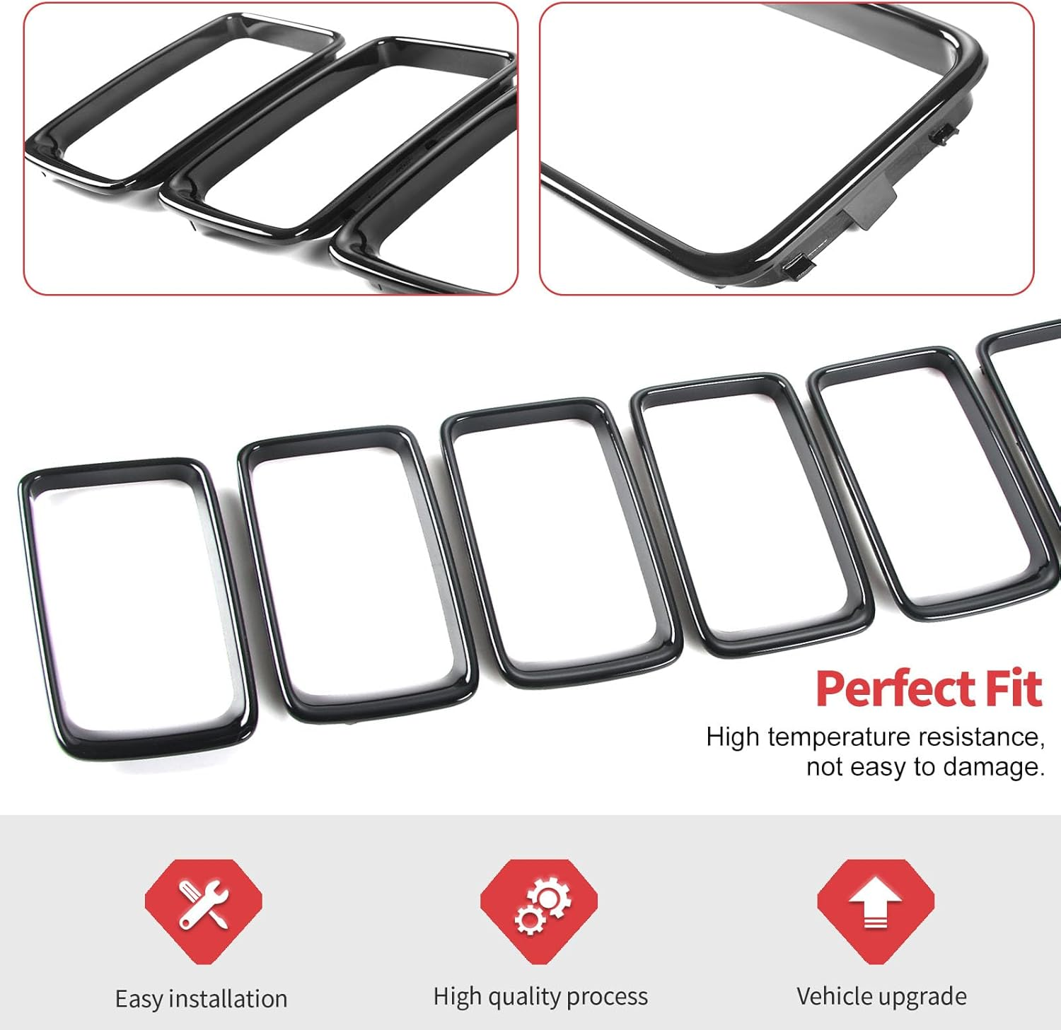 Jimen Compatible with Jeep Grand Cherokee 2014-2016, 7PCS Front Grill Inserts Grille Ring Cover Trim Kit (Black) image number 2