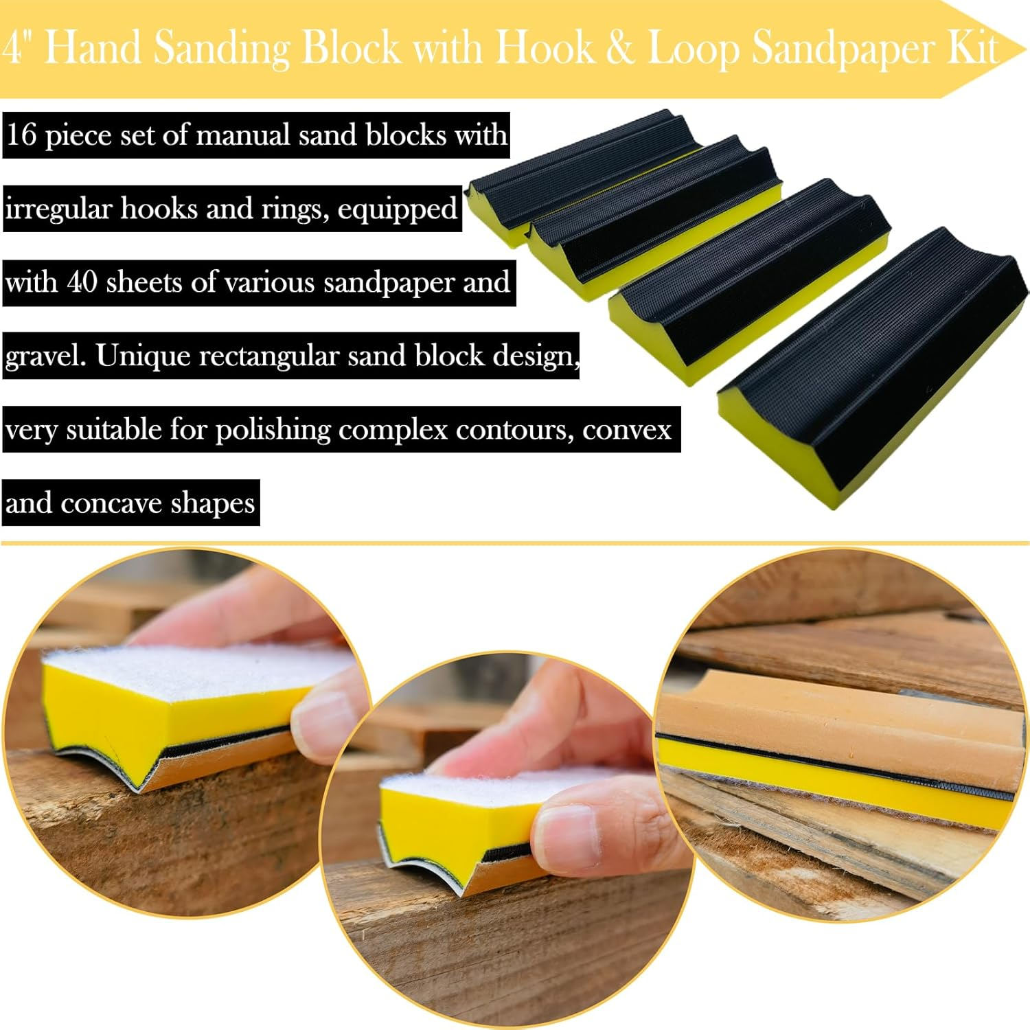 Total 56 PCS Hand Sanding Block Set- 16 PCS Contoured Profile Sander Block + 40 Sheet Sandpaper Kit - Interchangeable Assorted Convex & Concave Shapes for Moldings,Woodworking, Auto Paint and Crafts image number 3
