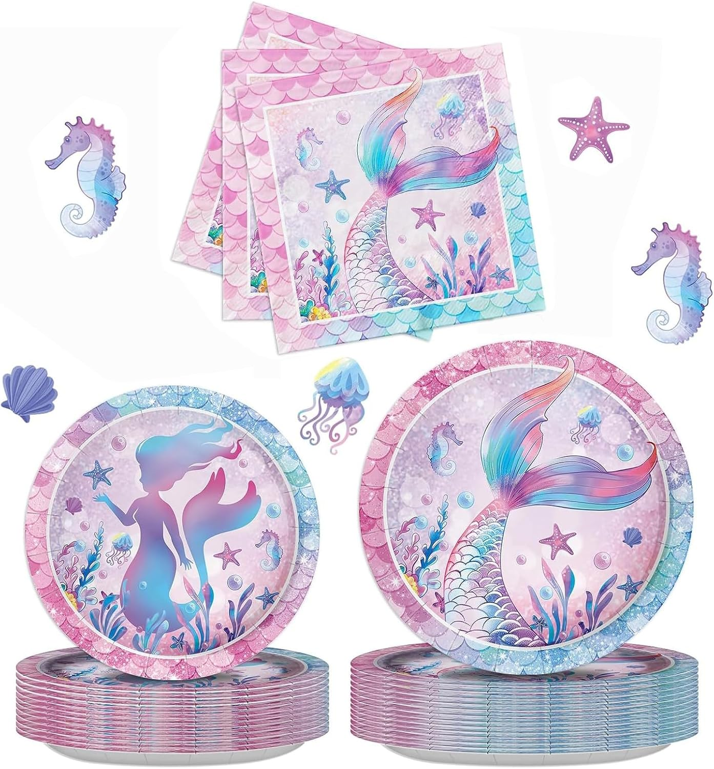 72Pcs Mermaid Disposable Tableware Birthday Paper Party Plates Napkins Set， Mermaid Birthday Party Tableware Serves 24 Guests image number 6