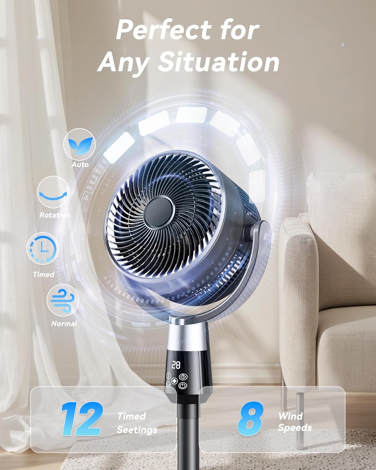 STORM HERO Pedestal Fan Air Circulator - 90&deg; Oscillating Standing Fans for Bedroom Home Office, 8 Speeds Air Circulation Floor Fan, Adjustable Height Silent Stand Tower Fan with Remote and 12H Timer image number 6