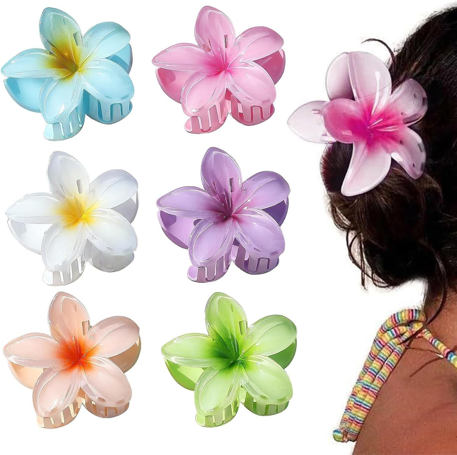 6 Pack Large Claw Clips for Women, Hawaiian Plumeria Hair Accessories, Non-Slip Claws for Thick, Thin, Curly Hair, Tropical Summer Hair Accessories, Beach, Gym, Everyday Use image number 4