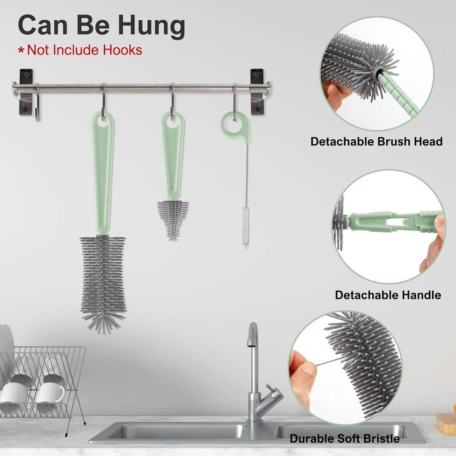 Ronluuu Baby Bottle Brush Set with Silicone Bristles | 6-In-1 Multi Function Cleaning Kit, Teat/Straw Brushes, Compact Drying Stand & Travel Storage Case | Home & Travel Use (Green) image number 6