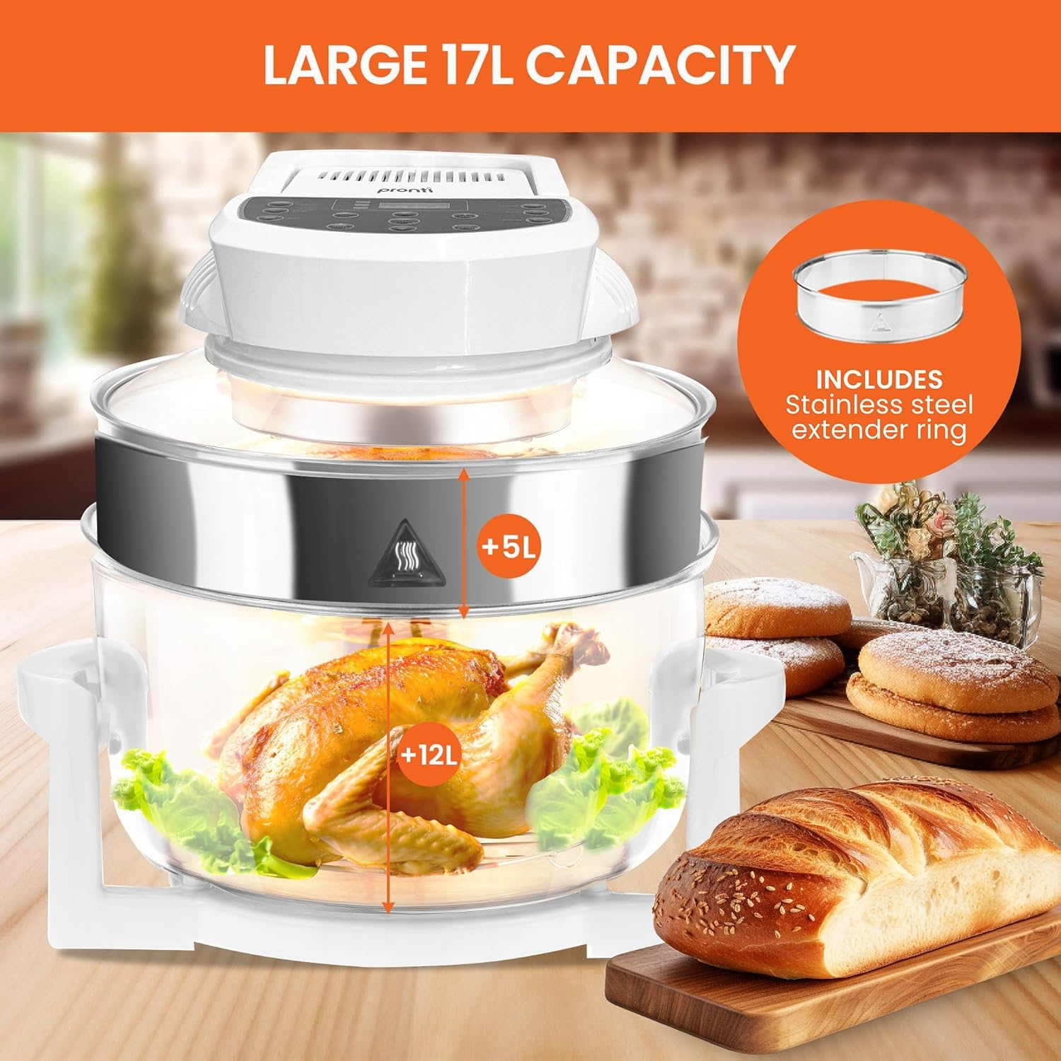 Pronti 17L Convection Oven Digital Halogen Family Turbo Black Healthy Broiler Cooker 1400W Roast Bake Grill BBQ Fry Defrost - White image number 4