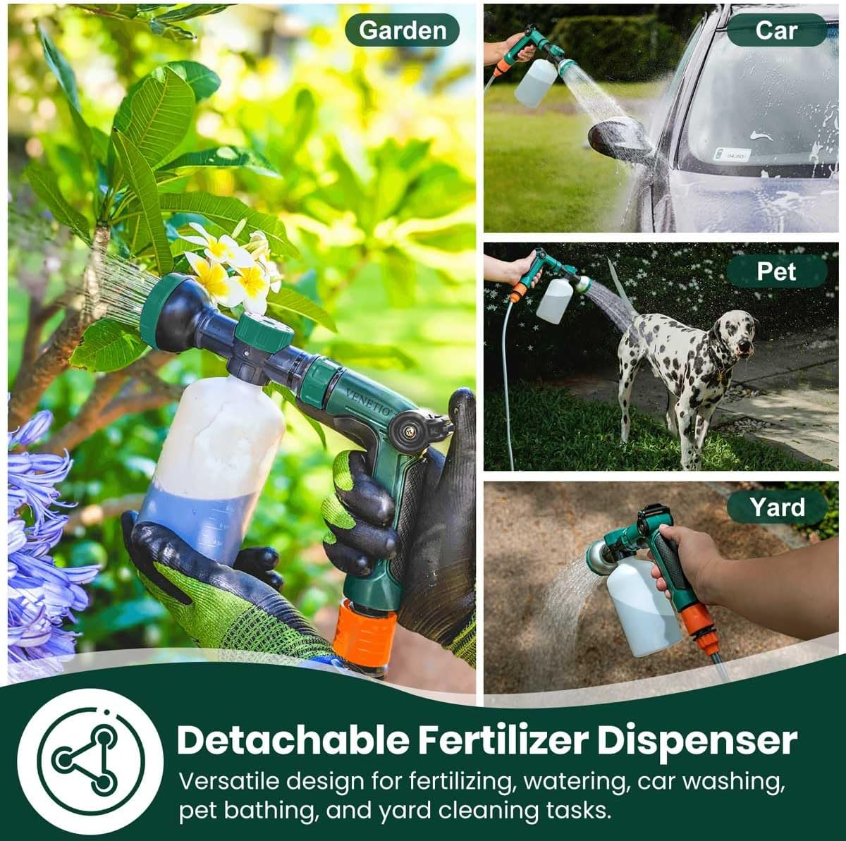 VENETIO 8-Dial Hose End Sprayer for Liquid Fertilizer/Soap | Precision Lawn, Yard & Garden Feeder for Uniform Fertilizing and Watering Plants | Hose Attachment Nozzle Spray Gun with 1000Ml Bottle image number 5