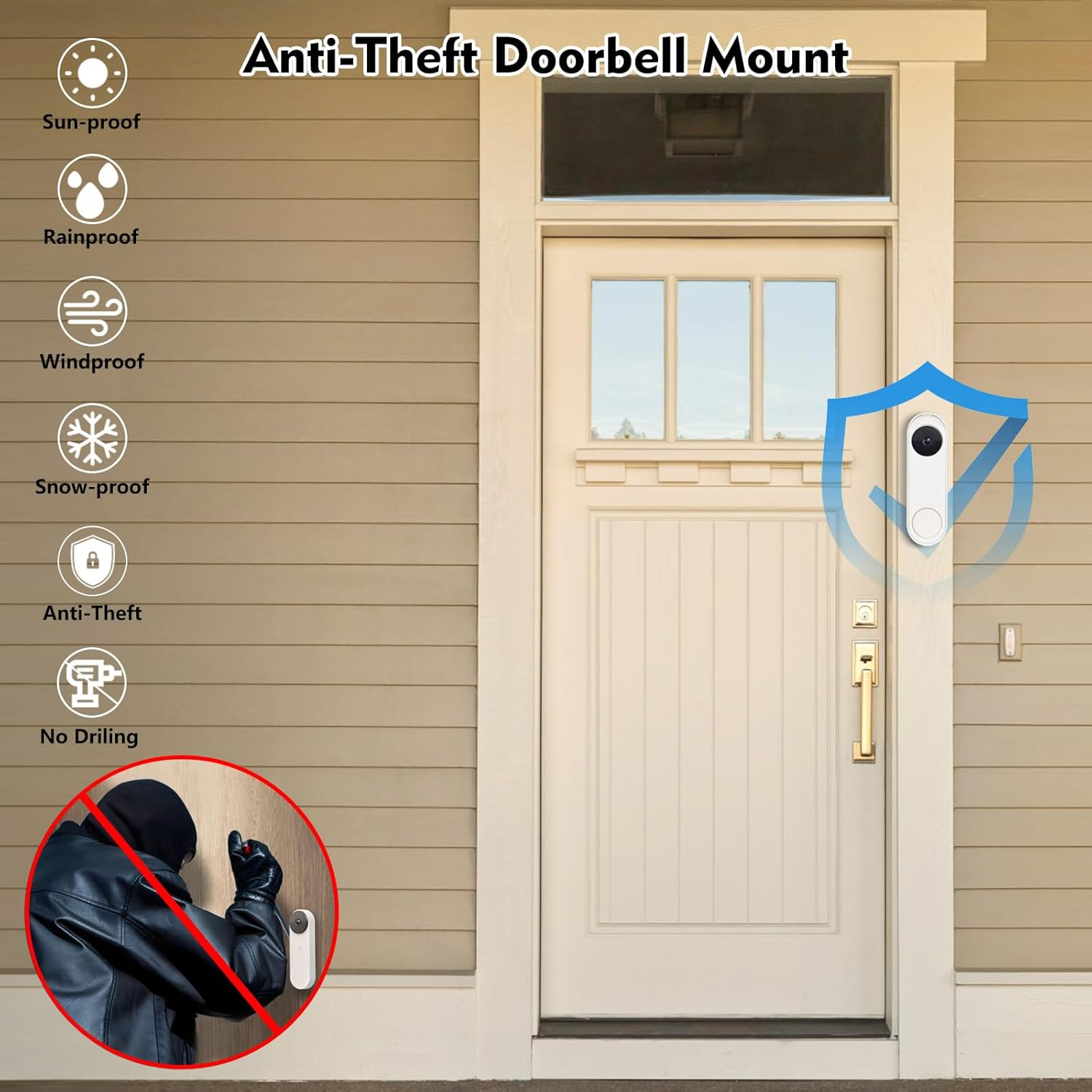 Anti-Theft No Drill Doorbell Mount Compatible with Google Nest Doorbell (Battery), Video Doorbell Door Mount for Apartment, Home, Renters, No Tools Needed and Protect Your Wall