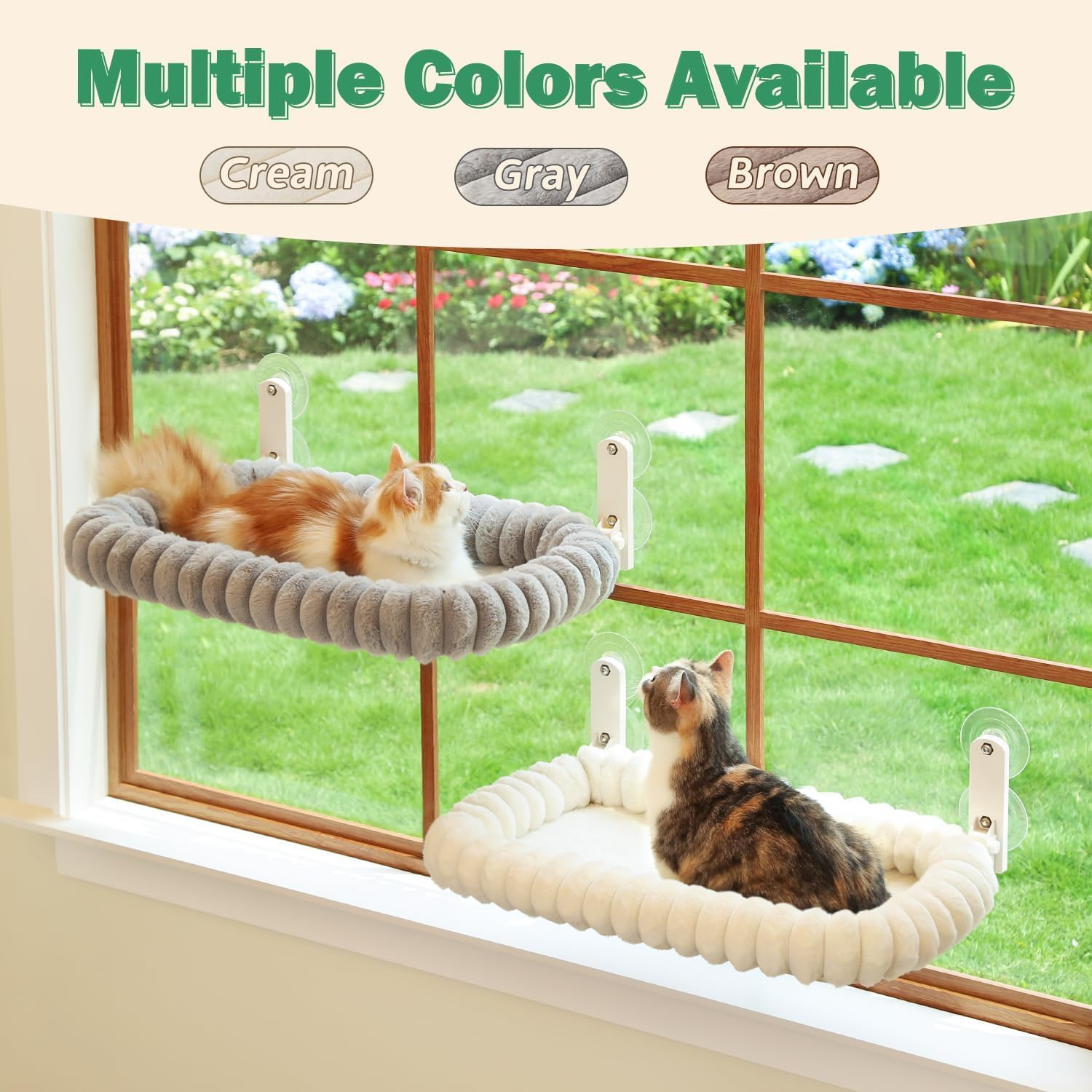 Cat Window Perch Hammock for Large Cats, Folding Bed with Heavy Duty Metal Frame Holds 40Lbs & 4 Strong Suction Cups, Removable Machine Washable, Cream White