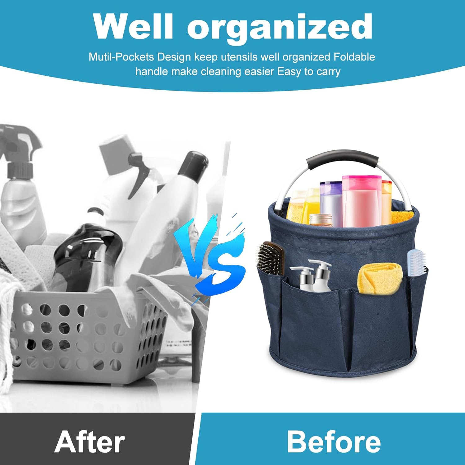 Cleaning Caddy Bag with Handle, 17L Cleaning Products Organiser Adjustable Gardening Tool Storage Bag, Caddy Organiser Large Multi Pocket Bucket Tool Bag for Home, Car (Navy Blue) - Black image number 5