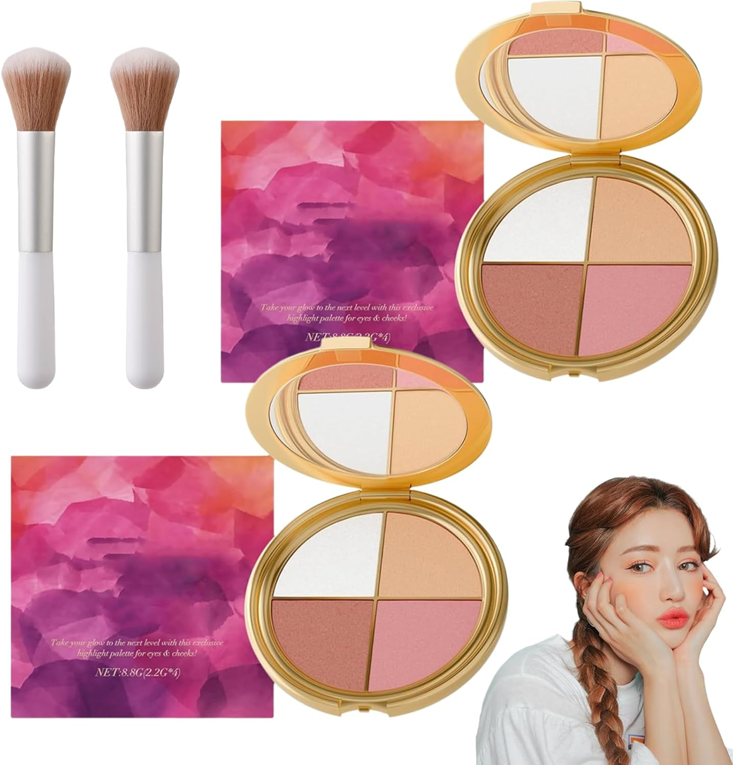 Glowjiu Glow Gallery Highlighting Eye & Cheek Palette, Glowjiu Highlighting Eye & Cheek Palette,4-In-1 Highlight Shades Makeup for Blush, Makeup Palettes Contour Kit (1Pcs)
