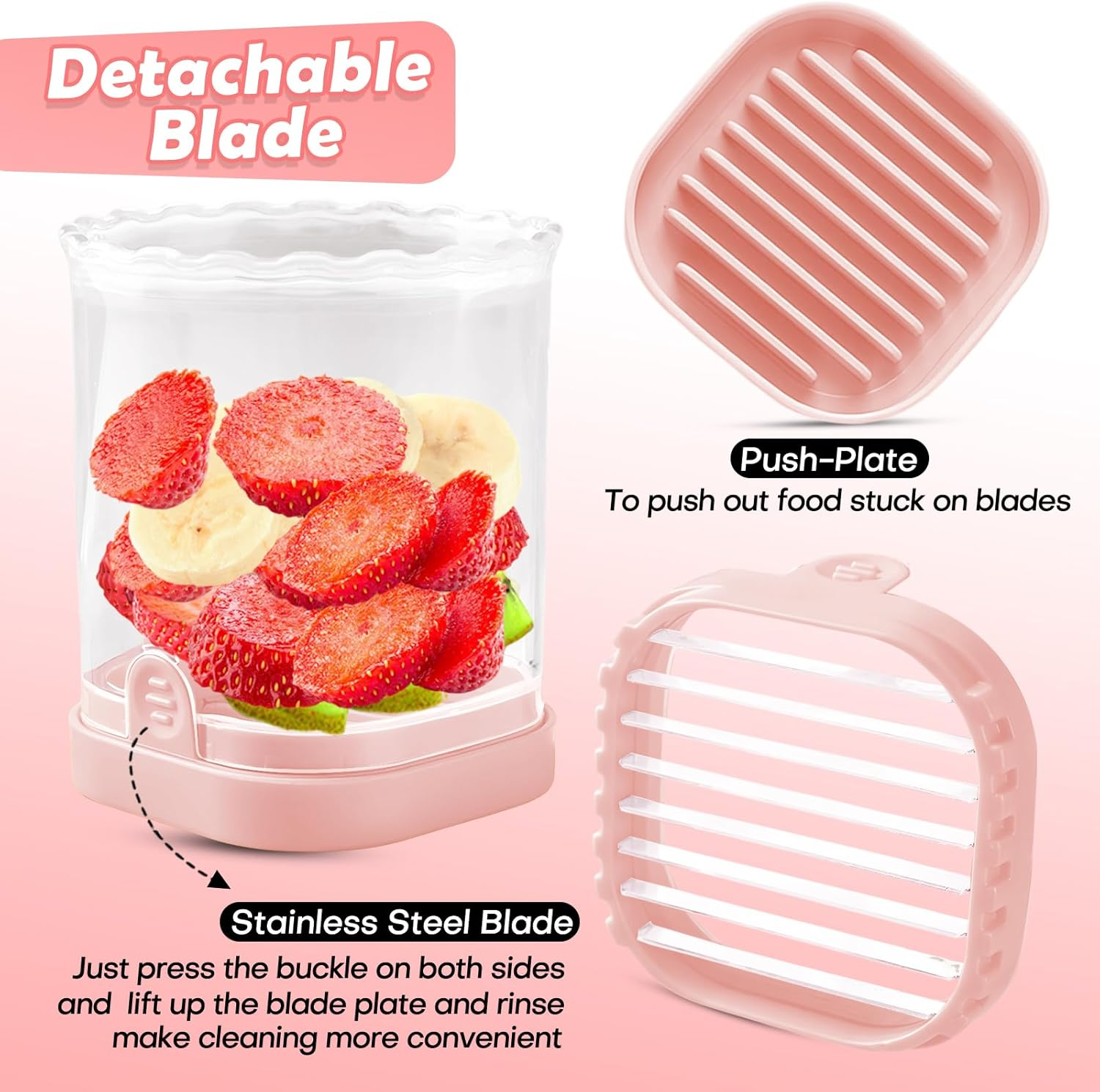 Fruit Slicer Cup | Strawberry Slicer | Banana Slicer | Grape Cutter | Egg Slicers | Detachable Fruit Cutter Slicer with Push Plate | Creative Strawberry Slicer Kitchen Gadget (Black + Pink) image number 3