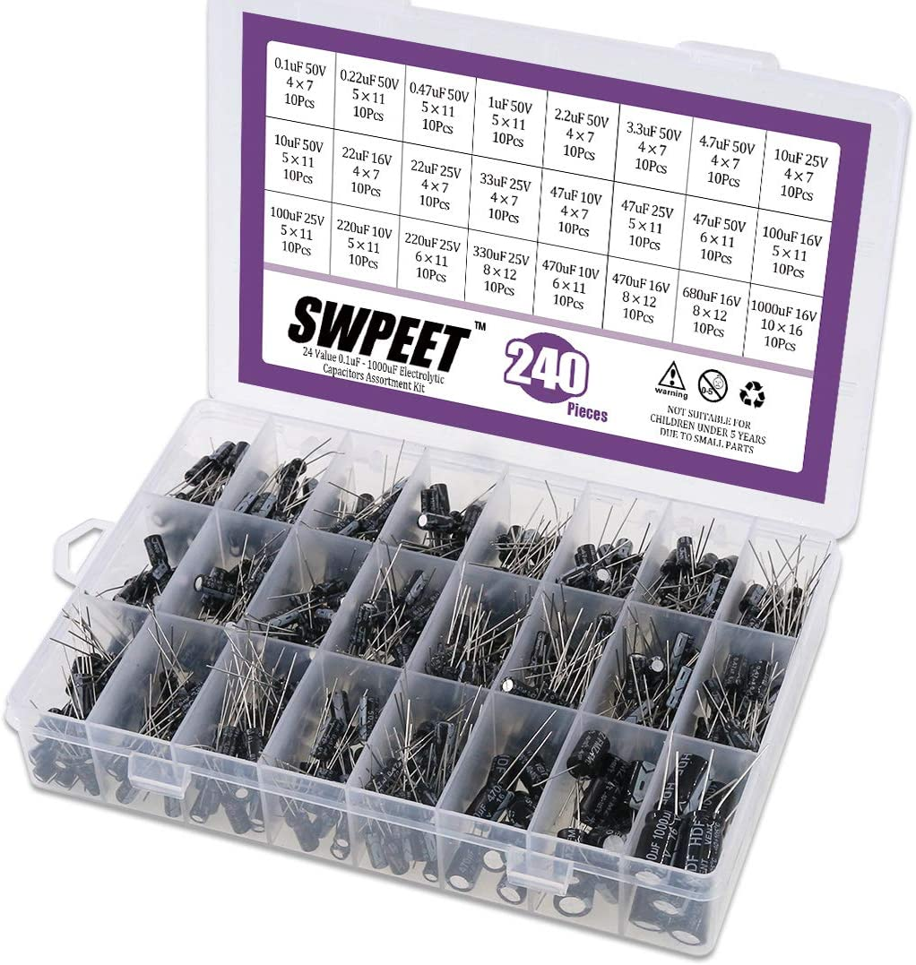 Swpeet 240Pcs 24 Kinds Different Electrolytic Capacitors Range 0.1Uf－1000Uf Assortment Kit, 10V/16V/25V/50V Aluminum Radial Electrolytic Capacitors for TV, LCD Monitor, Radio, Stereo, Game image number 5