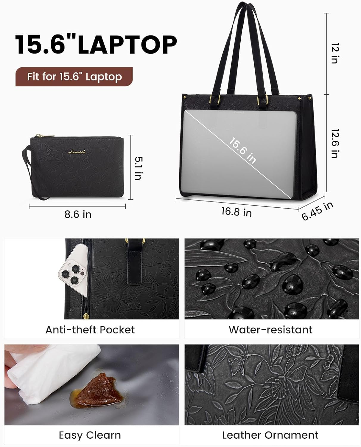 LOVEVOOK Lunch Tote Bag for Women, 15.6 Inch Laptop Bag with Insulated Lunch Compartment, Quilted Large Capacity Computer Handbag with Purse for Business, Work, Collage, Office, Casual, Jet Black image number 2
