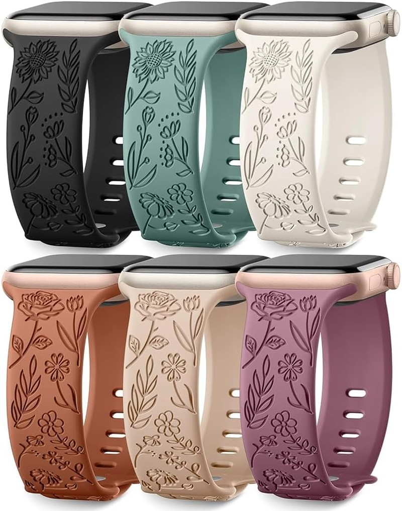 6 Pack Floral Engraved Bands Compatible with Apple Watch Band 40Mm 38Mm 41Mm 42Mm 44Mm 45Mm 49Mm Women, Silicone Soft Cute Flower Pattern Strap for Iwatch Series Ultra Ultra 2 SE 9 8 7 6 5 4 3 2 1