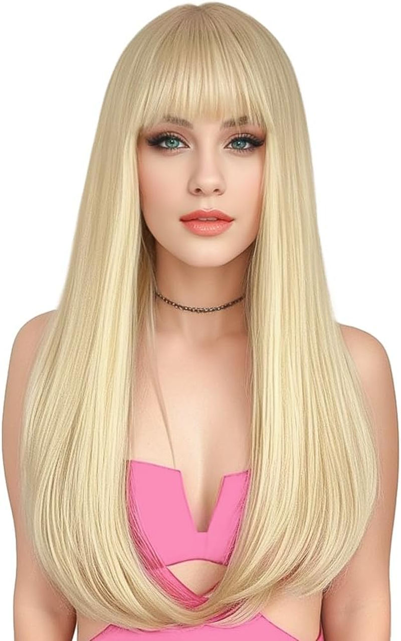 ENTRANCED STYLES Blonde Wig with Bangs, Long Straight Wigs for Women Natural Hair Wigs Synthetic Blonde Wigs for Girls Daily Party Halloween Cosplay Wig 22 Inch - Blonde image number 2